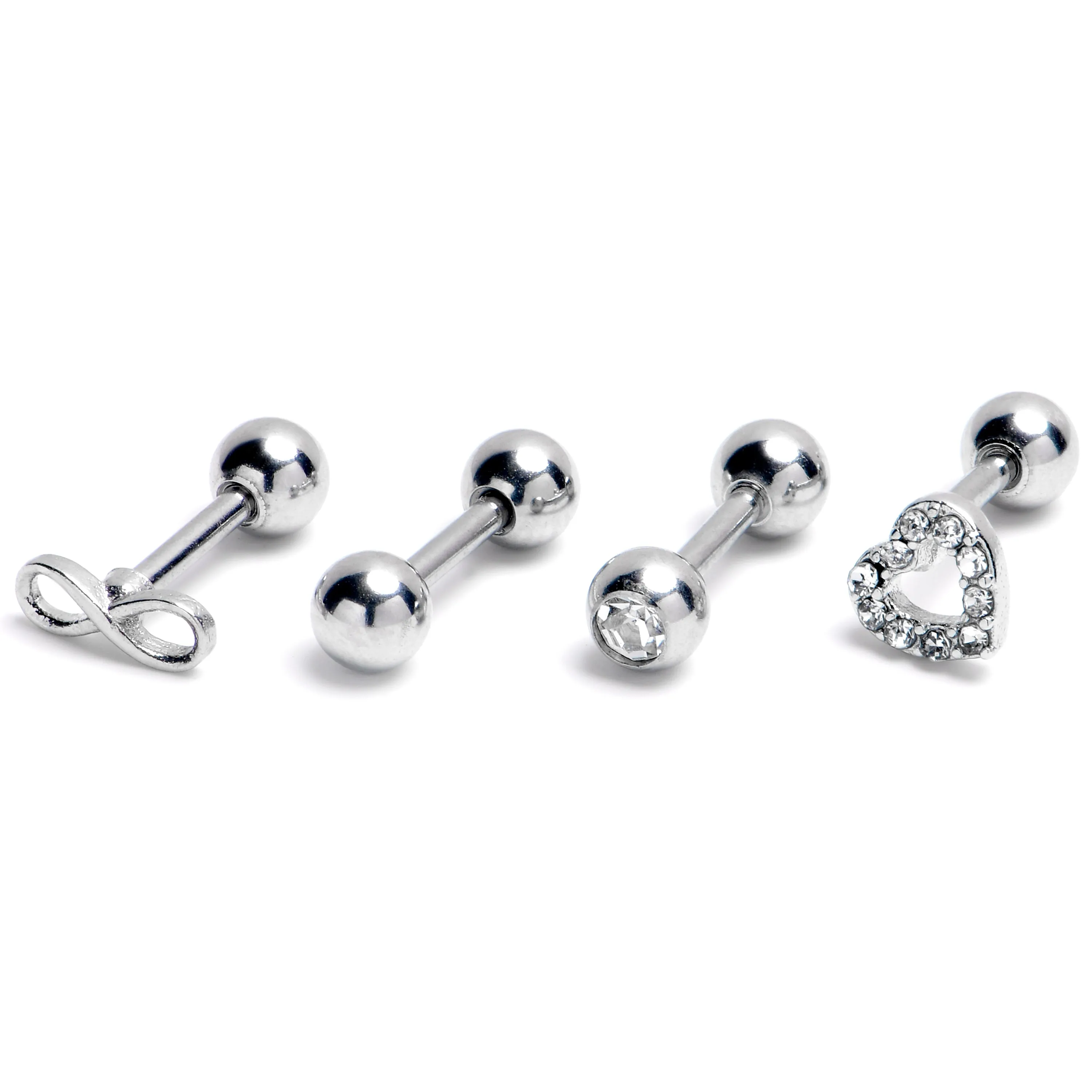 16 Gauge 1/4 Clear Gem Heart Infinity Sign Cartilage Earring Curation Set of 4