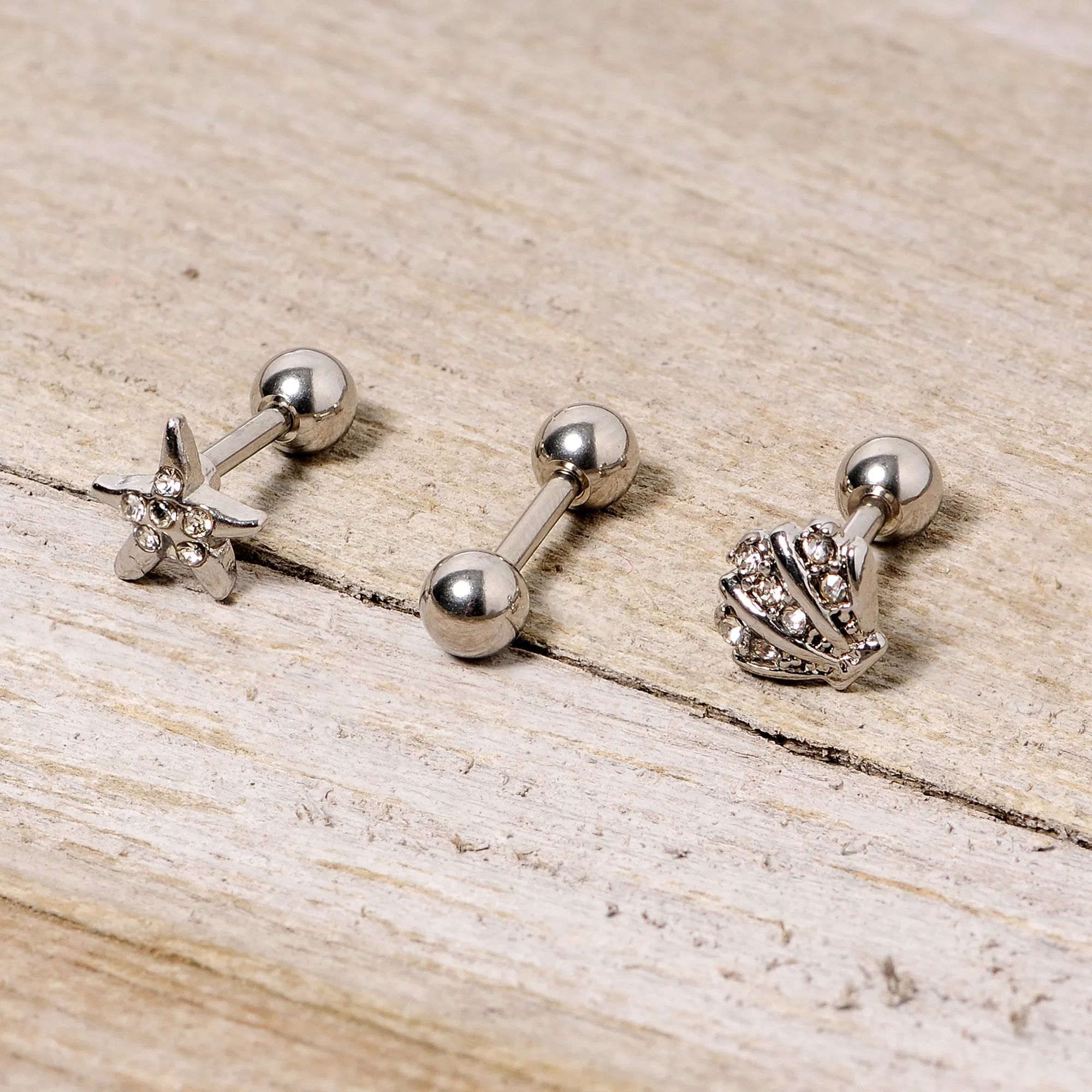 16 Gauge 1/4 Clear Gem Starfish Nautical Cartilage Tragus Set of 3