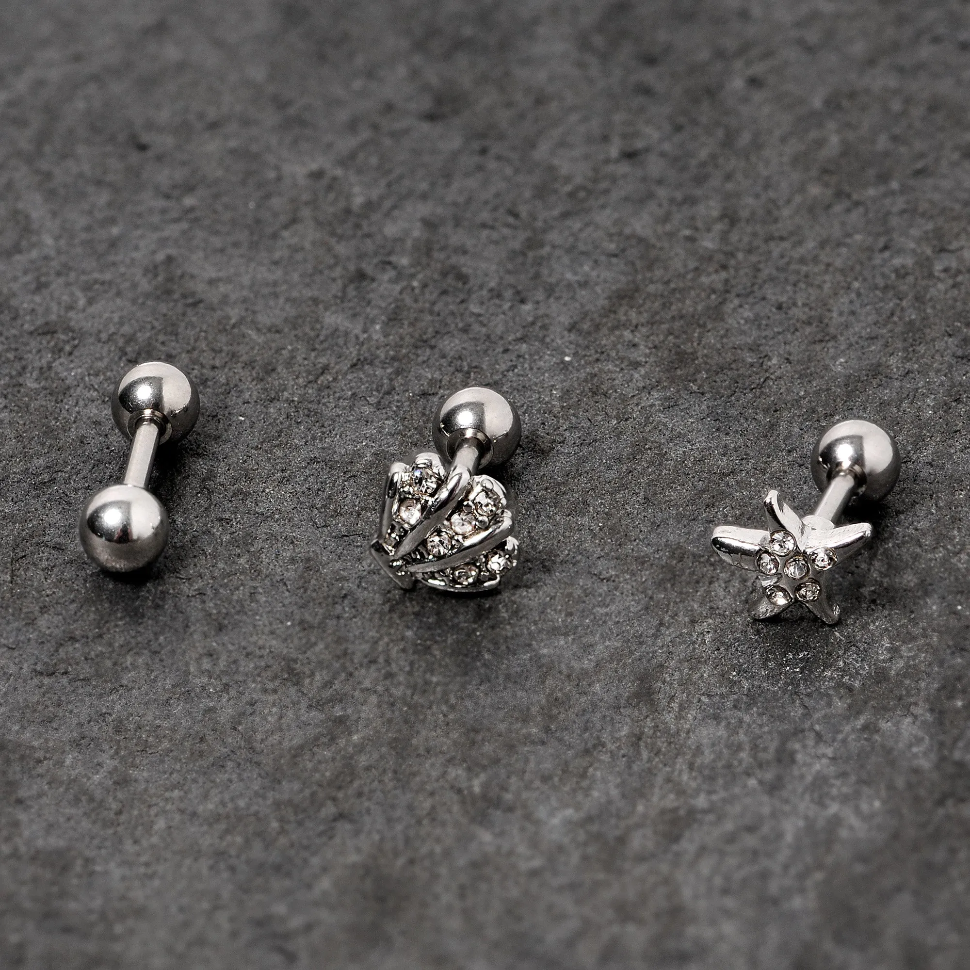 16 Gauge 1/4 Clear Gem Starfish Nautical Cartilage Tragus Set of 3