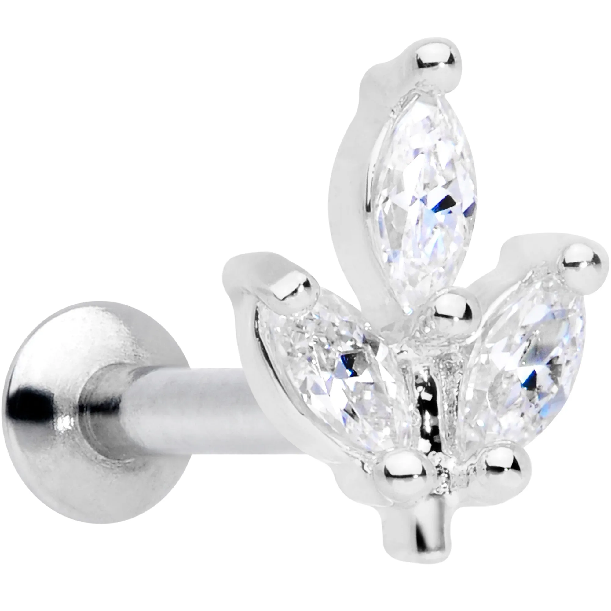 16 Gauge 1/4 CZ Gem Leaf Threadless Push In Labret Tragus