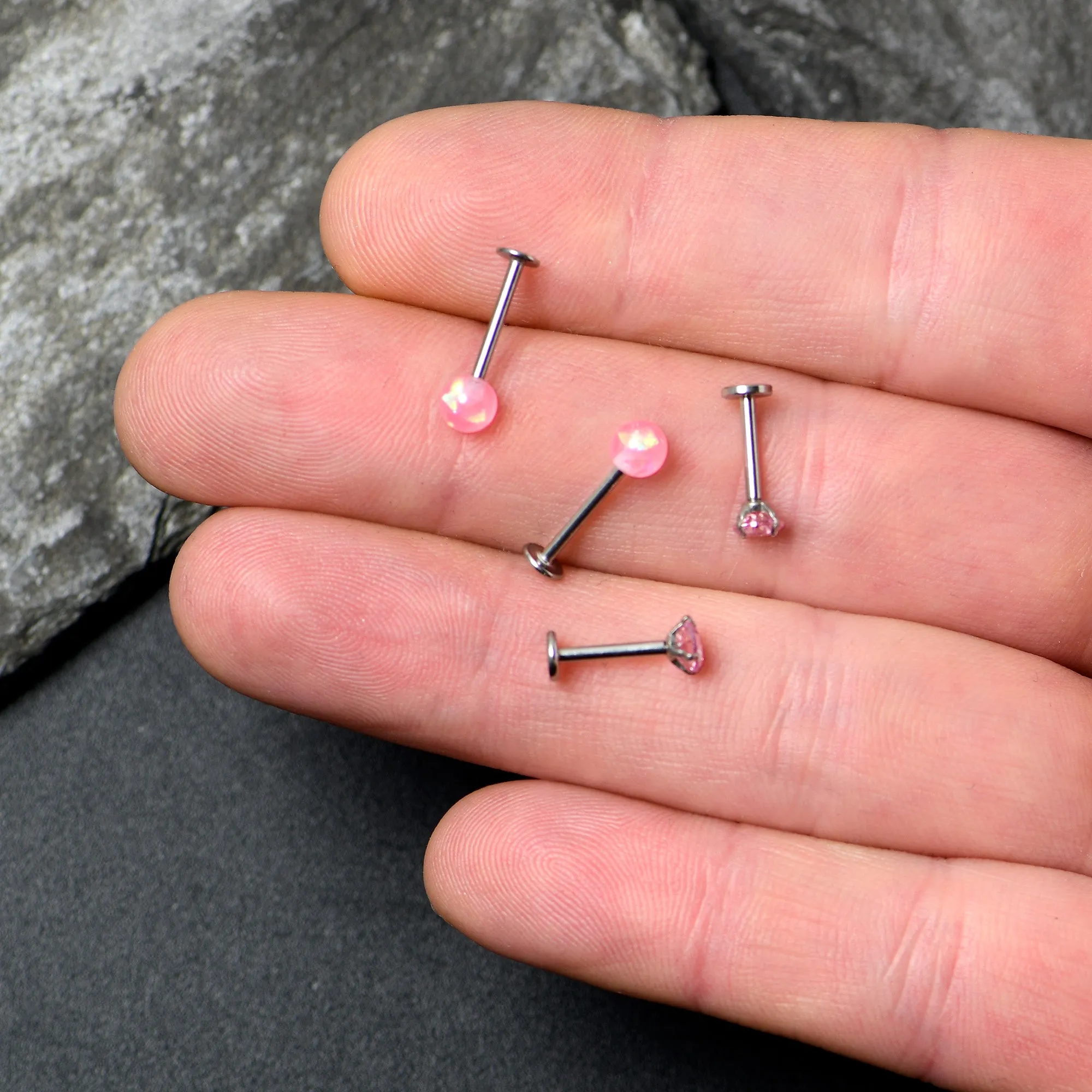 16 Gauge 5/16 3/8 Pink Gem Faux Opal Labret Monroe Tragus Set of 4