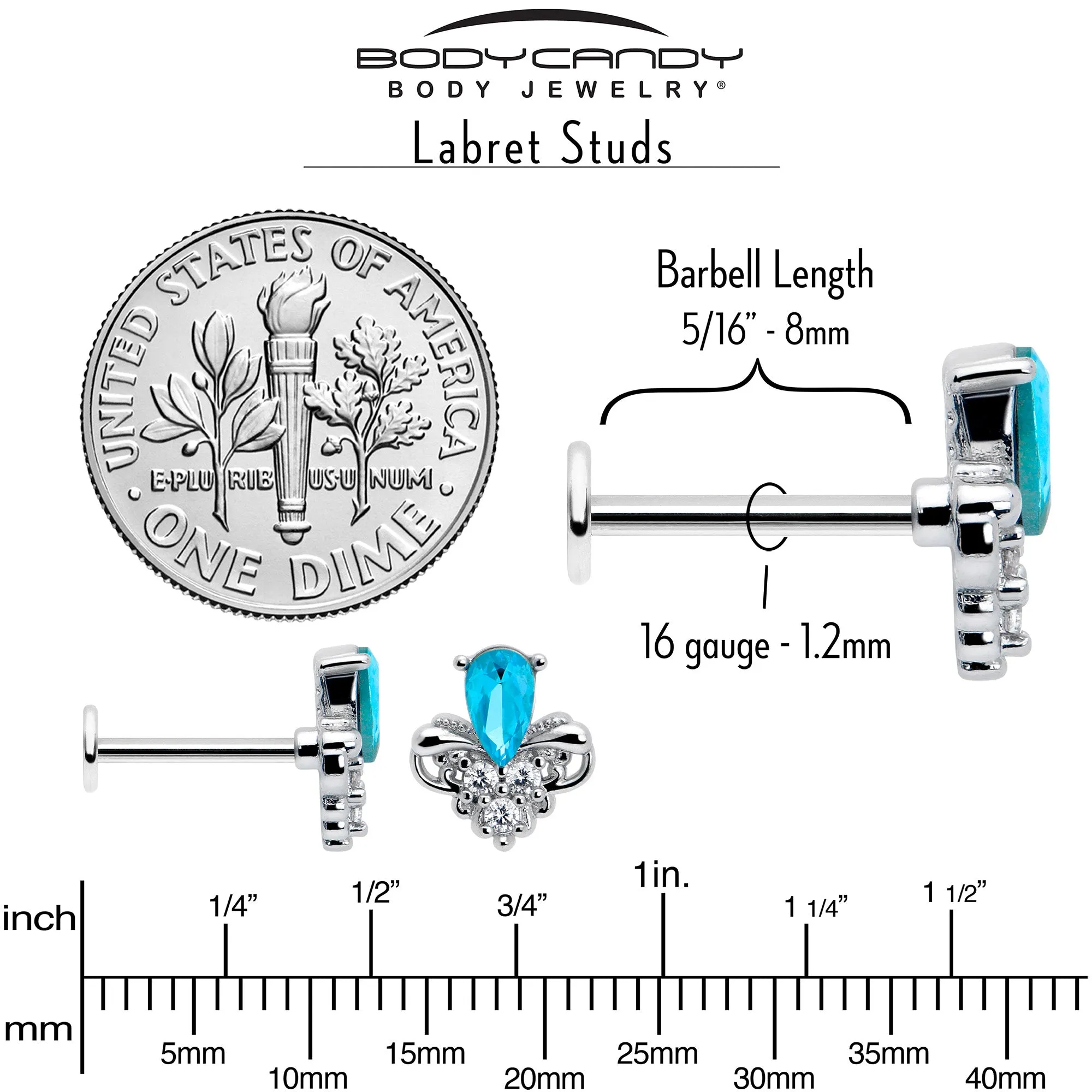 16 Gauge 5/16 Blue Gem Style Simplicity Labret Monroe Tragus