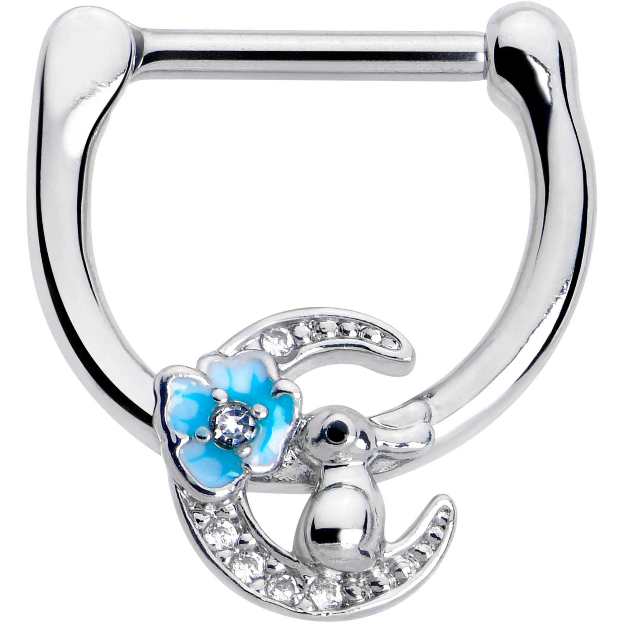 16 Gauge 5/16 Clear CZ Gem Rabbit On The Moon Blue Cartilage Clicker