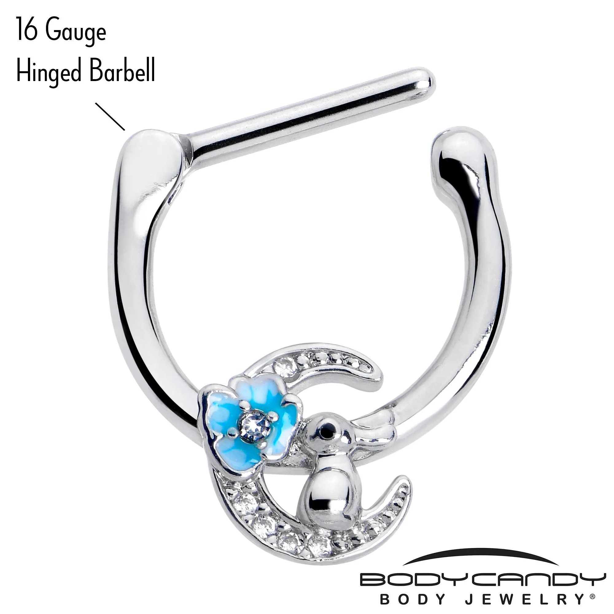 16 Gauge 5/16 Clear CZ Gem Rabbit On The Moon Blue Cartilage Clicker