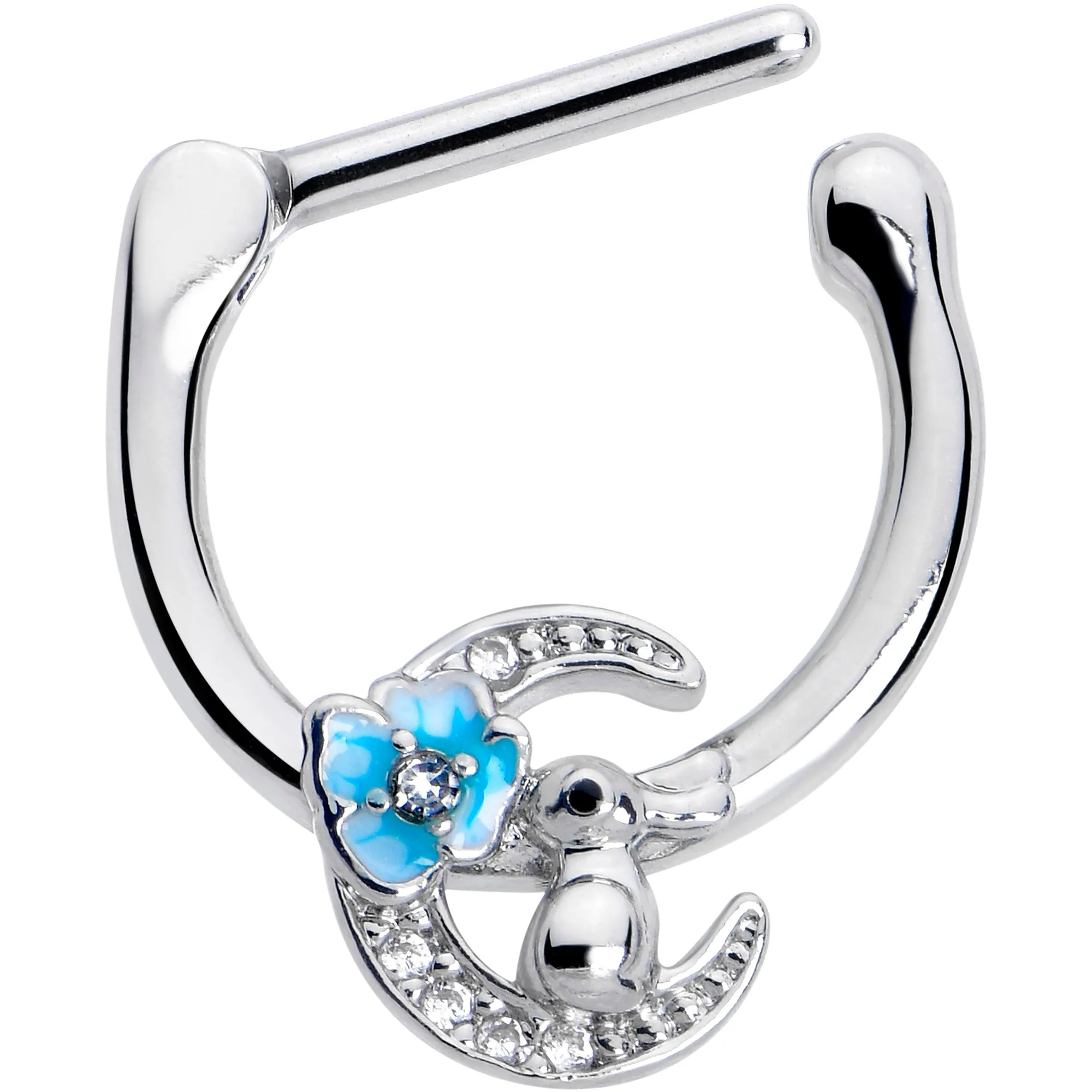 16 Gauge 5/16 Clear CZ Gem Rabbit On The Moon Blue Cartilage Clicker