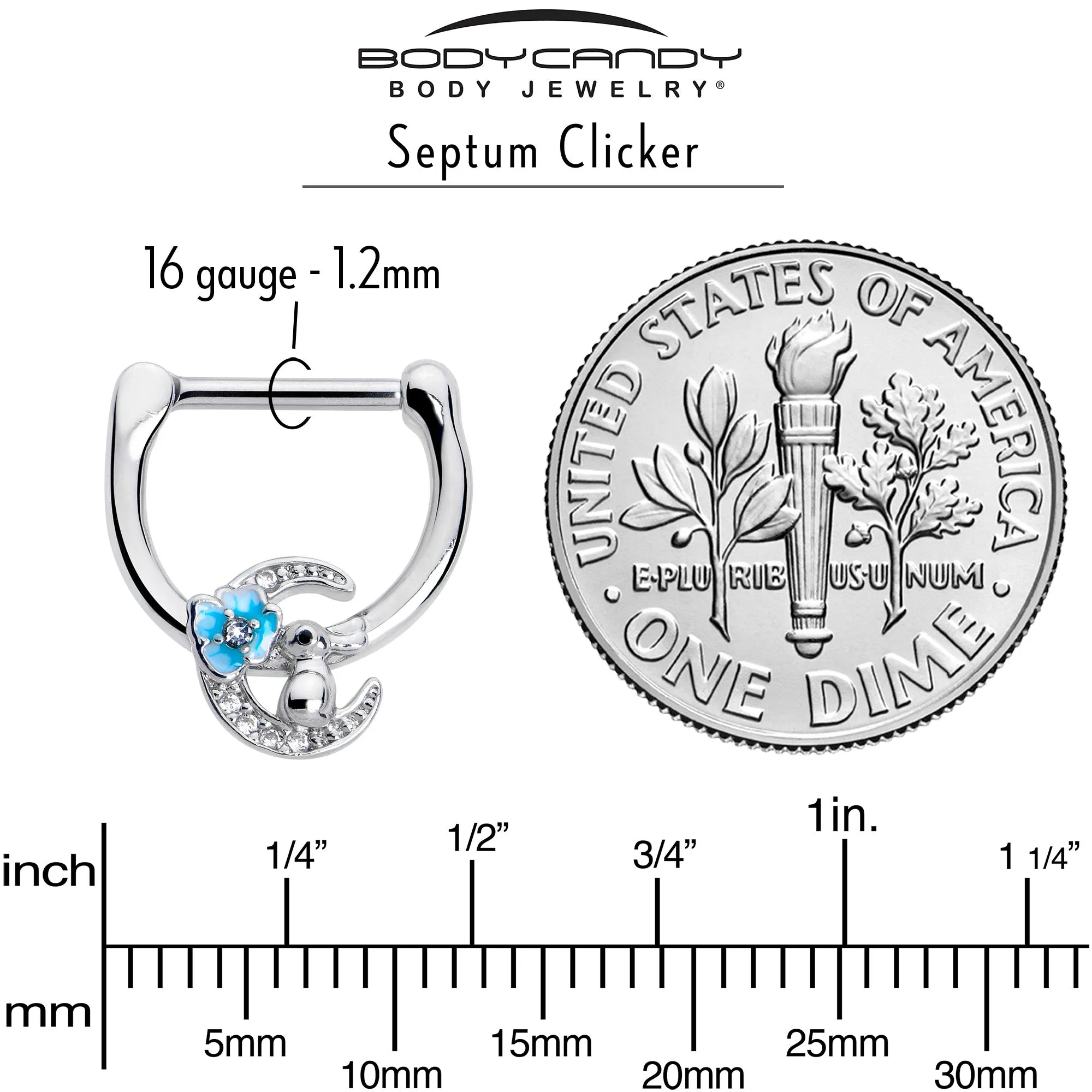 16 Gauge 5/16 Clear CZ Gem Rabbit On The Moon Blue Cartilage Clicker