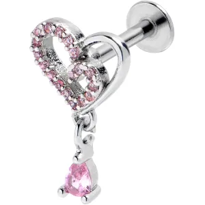 16 Gauge 5/16 Pink CZ Gem Asymmetrical Heart Dangle Labret Tragus