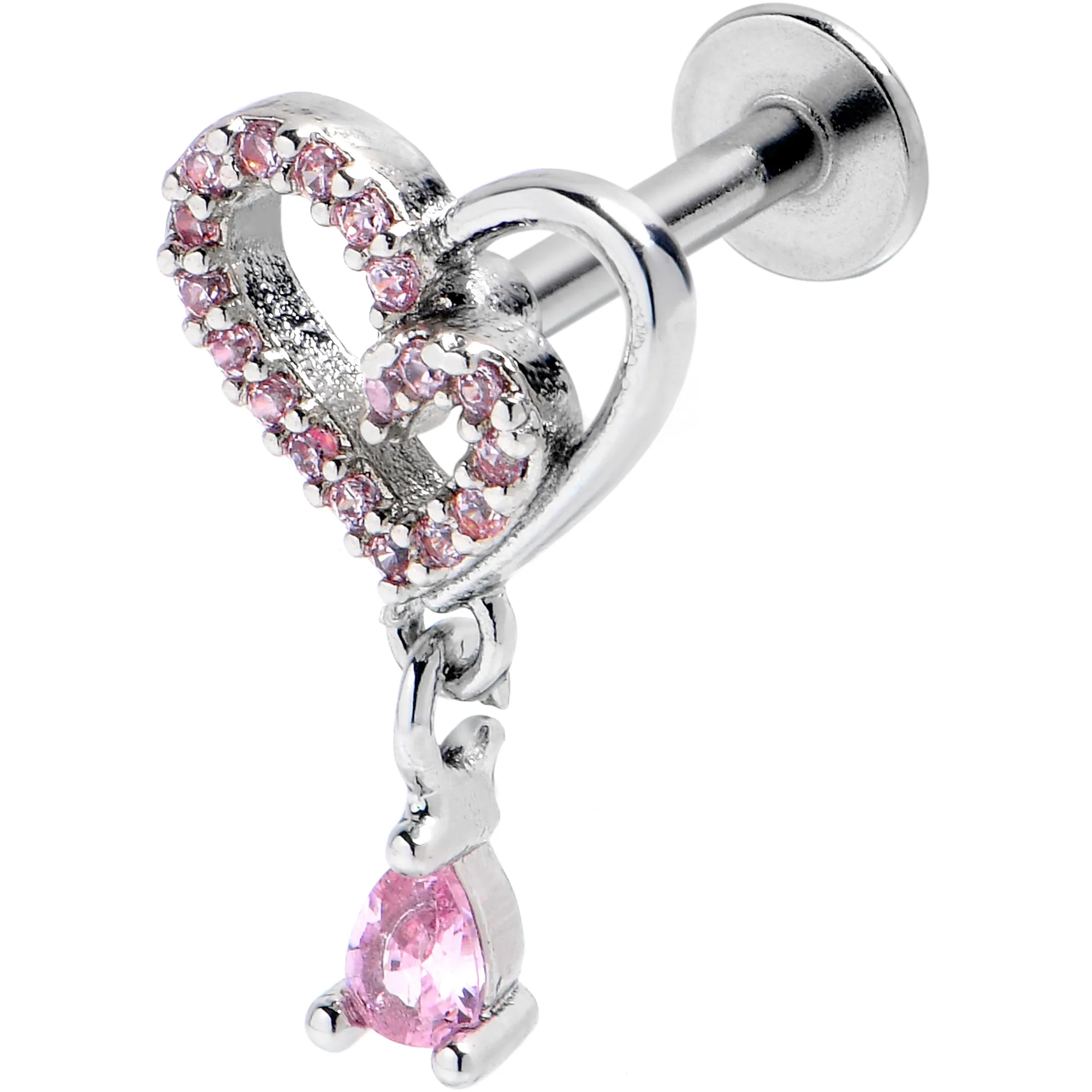 16 Gauge 5/16 Pink CZ Gem Asymmetrical Heart Dangle Labret Tragus