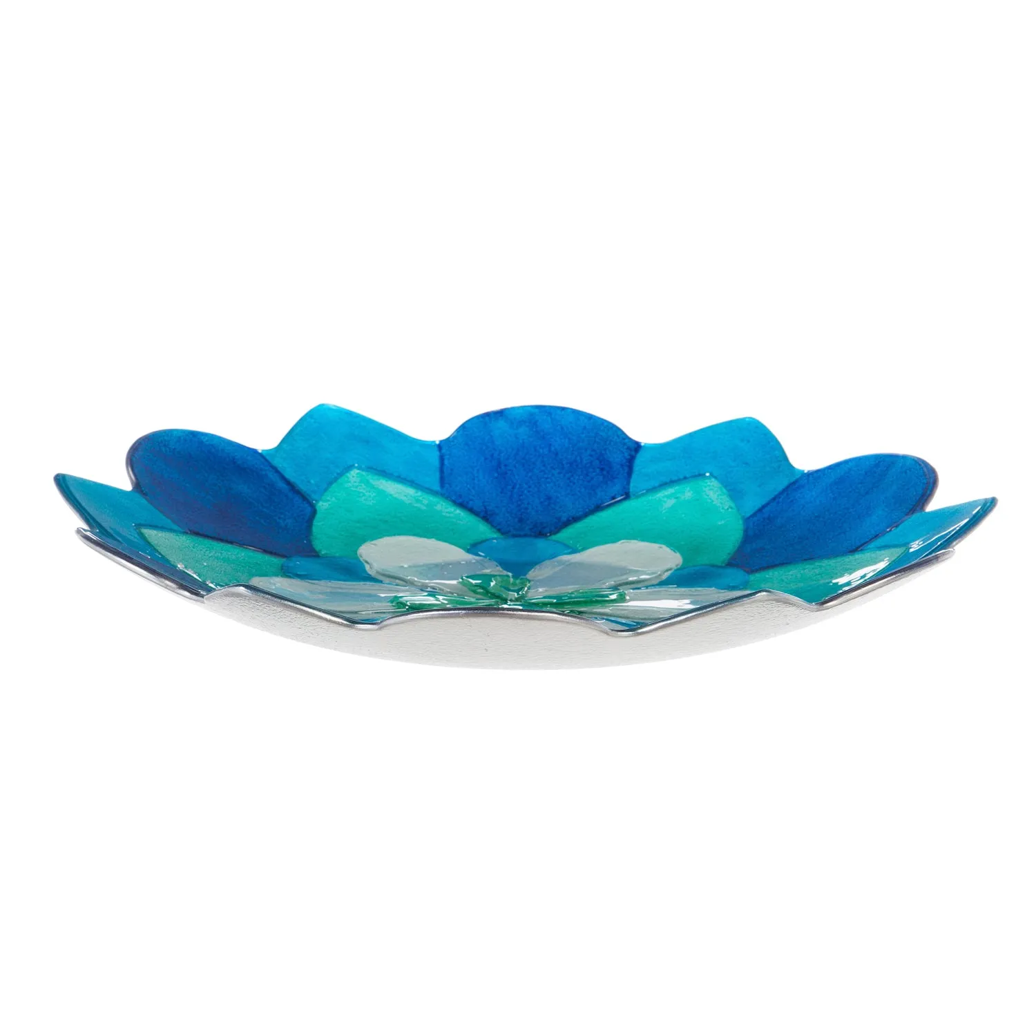 18" Hand Painted Layered Glass Birdbath, Blue Peony,2gb852
