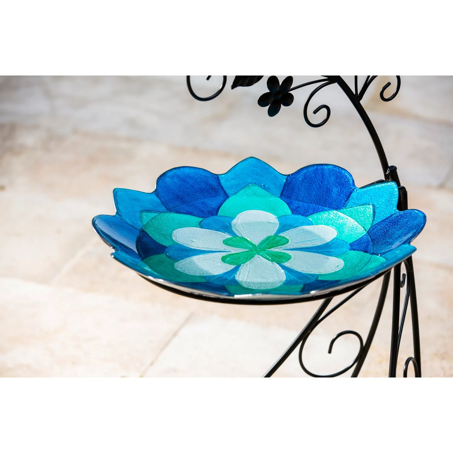 18" Hand Painted Layered Glass Birdbath, Blue Peony,2gb852