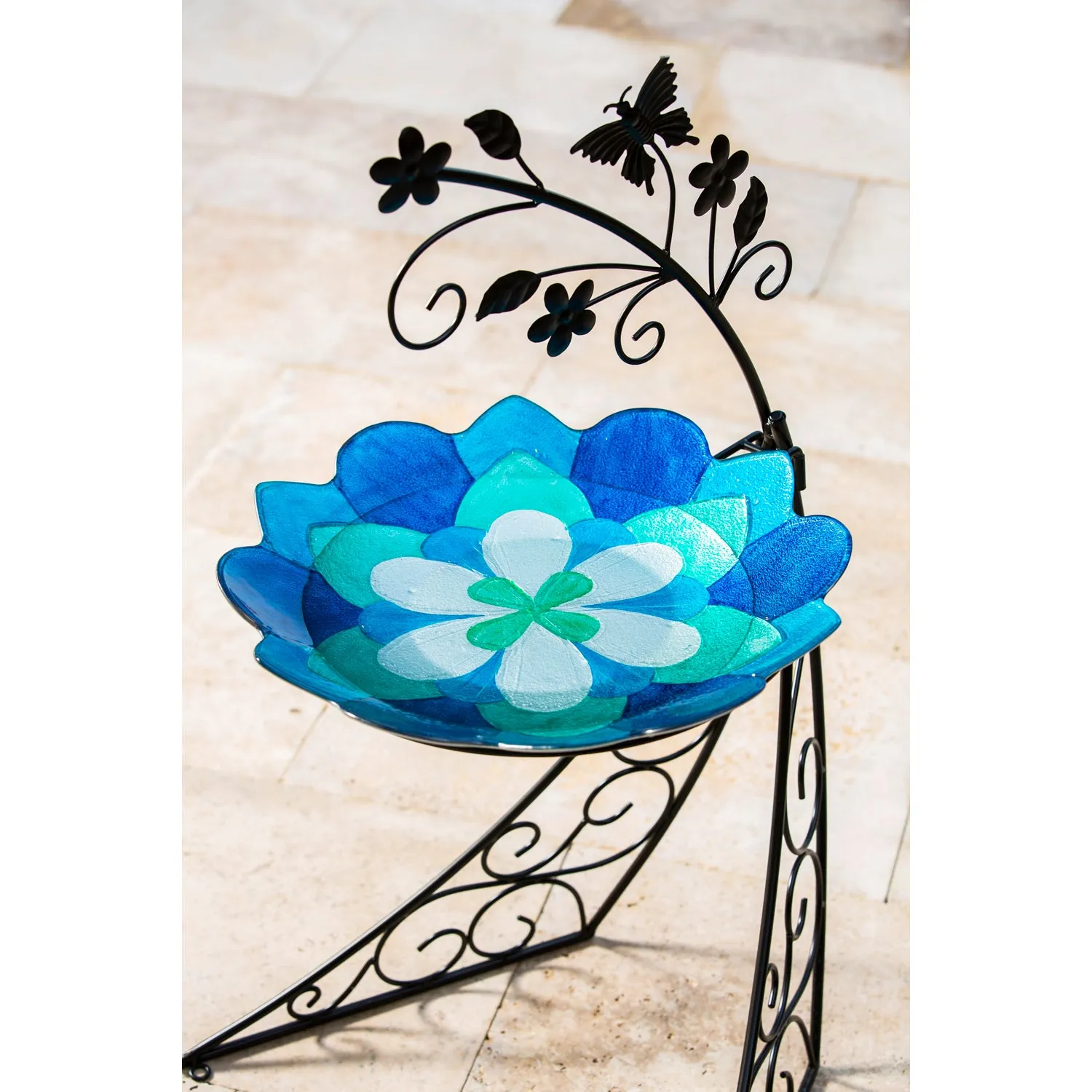 18" Hand Painted Layered Glass Birdbath, Blue Peony,2gb852