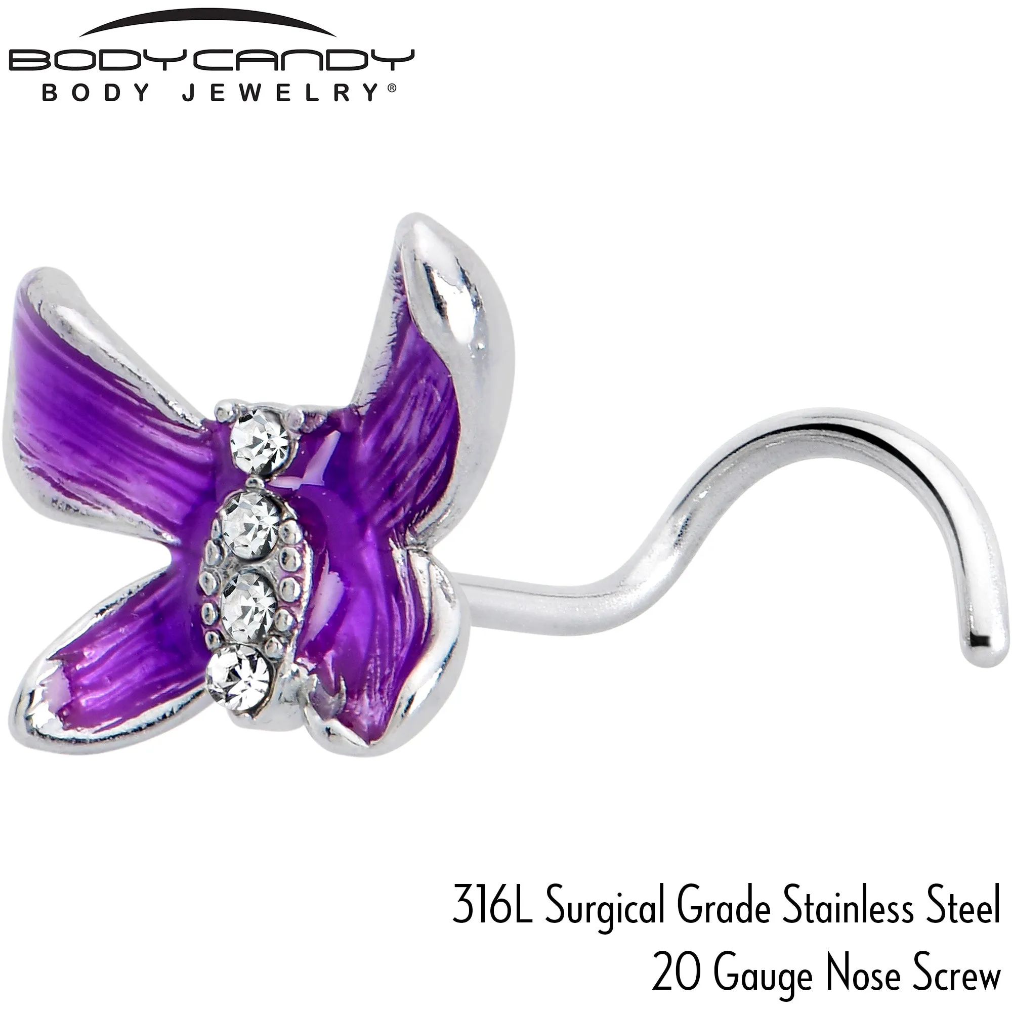 20 Gauge 7mm Clear Gem Chunky Butterfly Purple Left Side Nose Screw