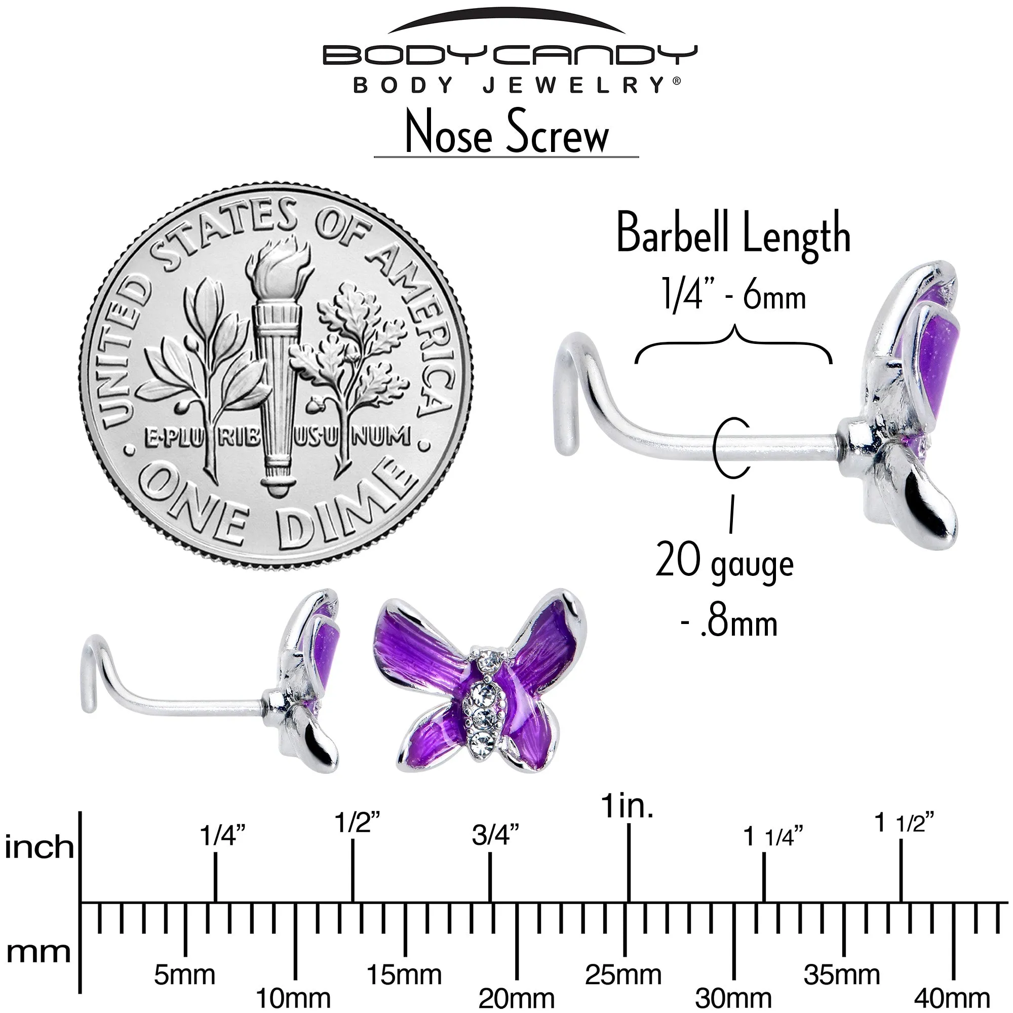20 Gauge 7mm Clear Gem Chunky Butterfly Purple Left Side Nose Screw