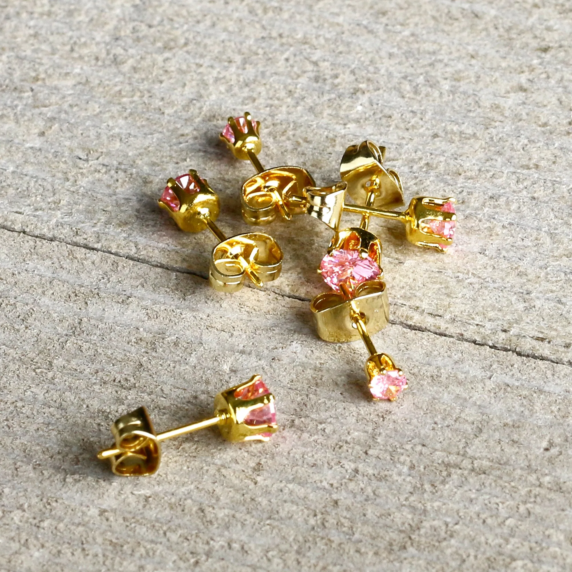 20 Gauge Pink CZ Gem Gold Tone 3mm to 5mm Post Stud Earring Set of 3