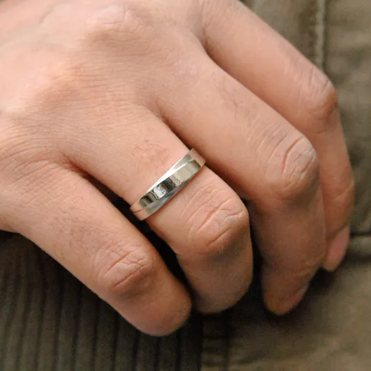 5mm Tapered Mens Wedding Gold Band, High Gloss and Matte Finish Band for Him