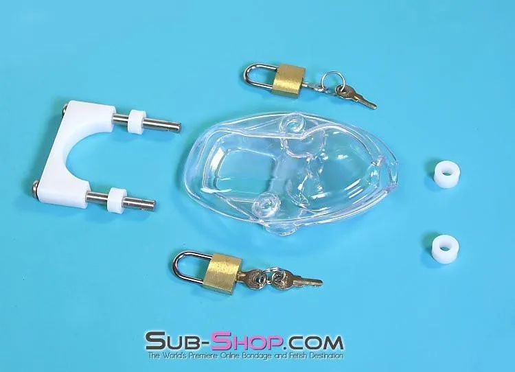 7322AR      Clearly Crushed Locking Cock and Ball Chastity Torture Set