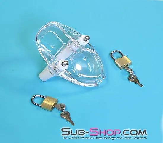 7322AR      Clearly Crushed Locking Cock and Ball Chastity Torture Set