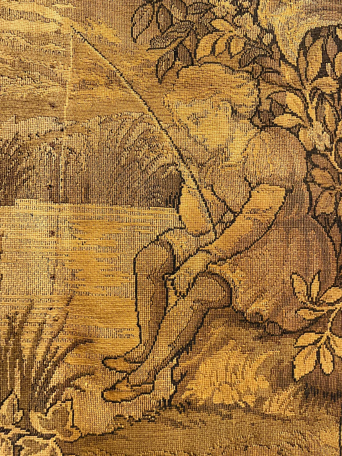 Antique French Tapestry with Gold Binding on Fluted Wood Rod Hanger