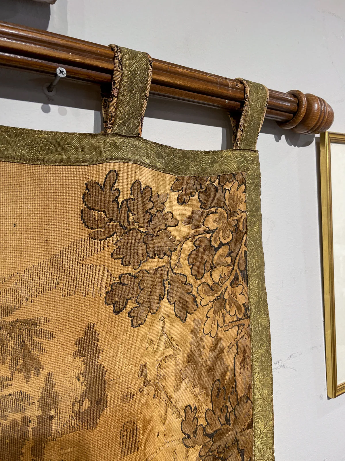 Antique French Tapestry with Gold Binding on Fluted Wood Rod Hanger