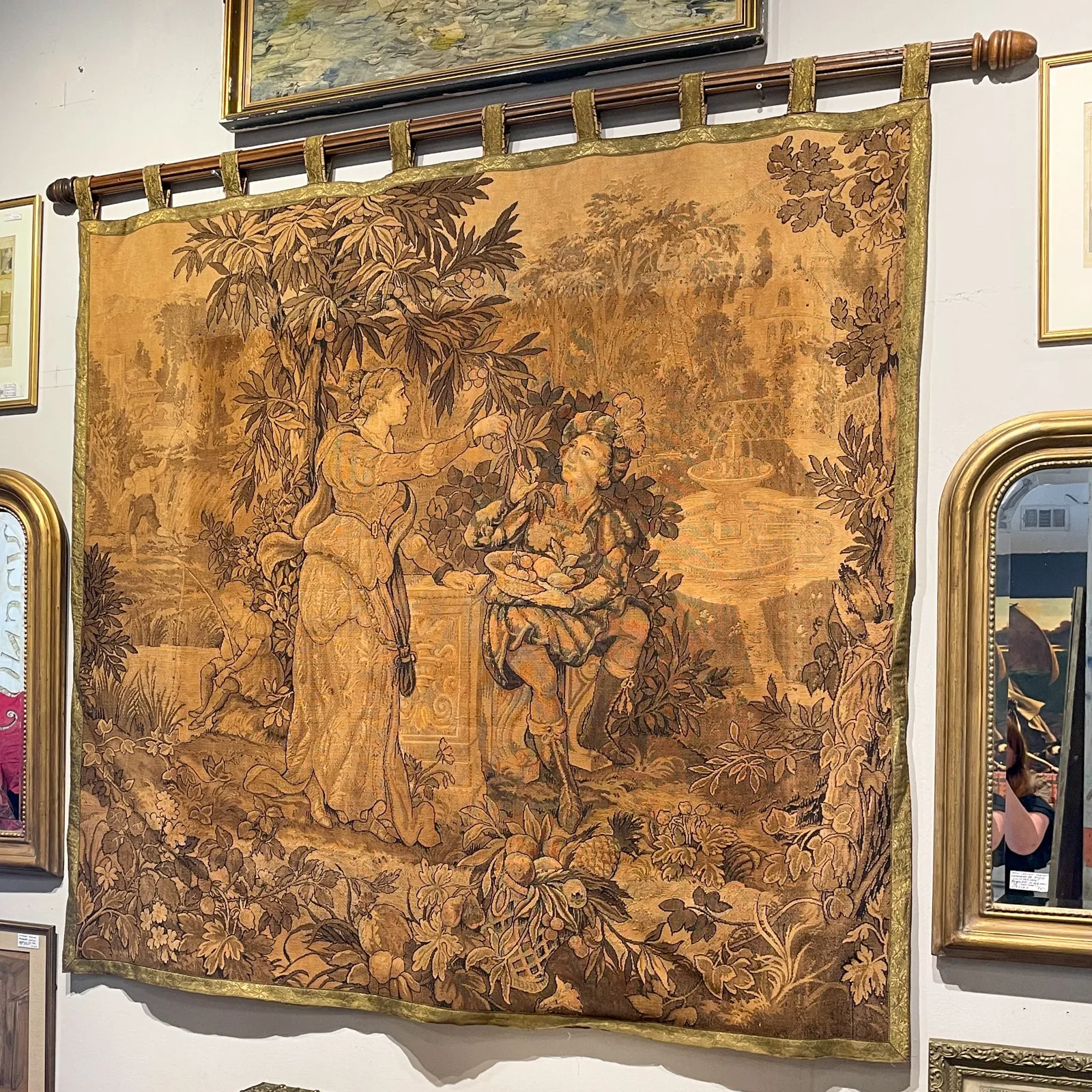 Antique French Tapestry with Gold Binding on Fluted Wood Rod Hanger