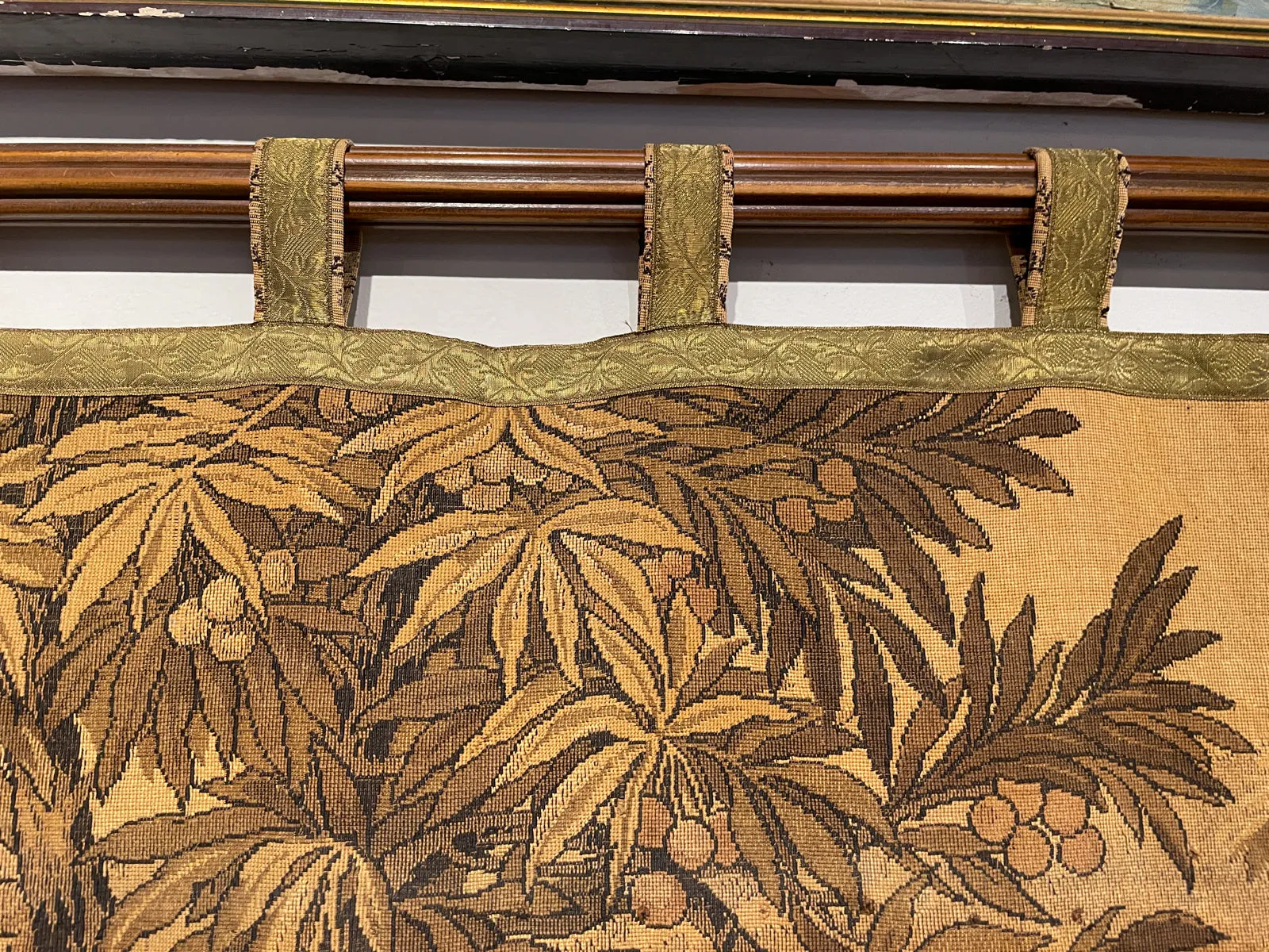 Antique French Tapestry with Gold Binding on Fluted Wood Rod Hanger