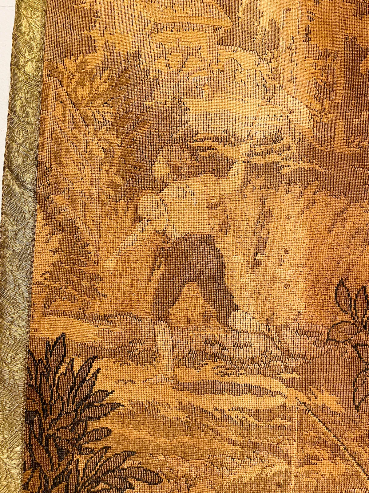 Antique French Tapestry with Gold Binding on Fluted Wood Rod Hanger