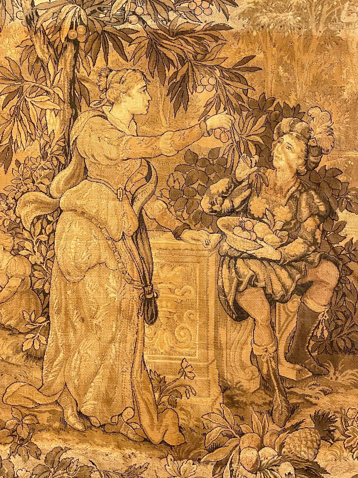 Antique French Tapestry with Gold Binding on Fluted Wood Rod Hanger