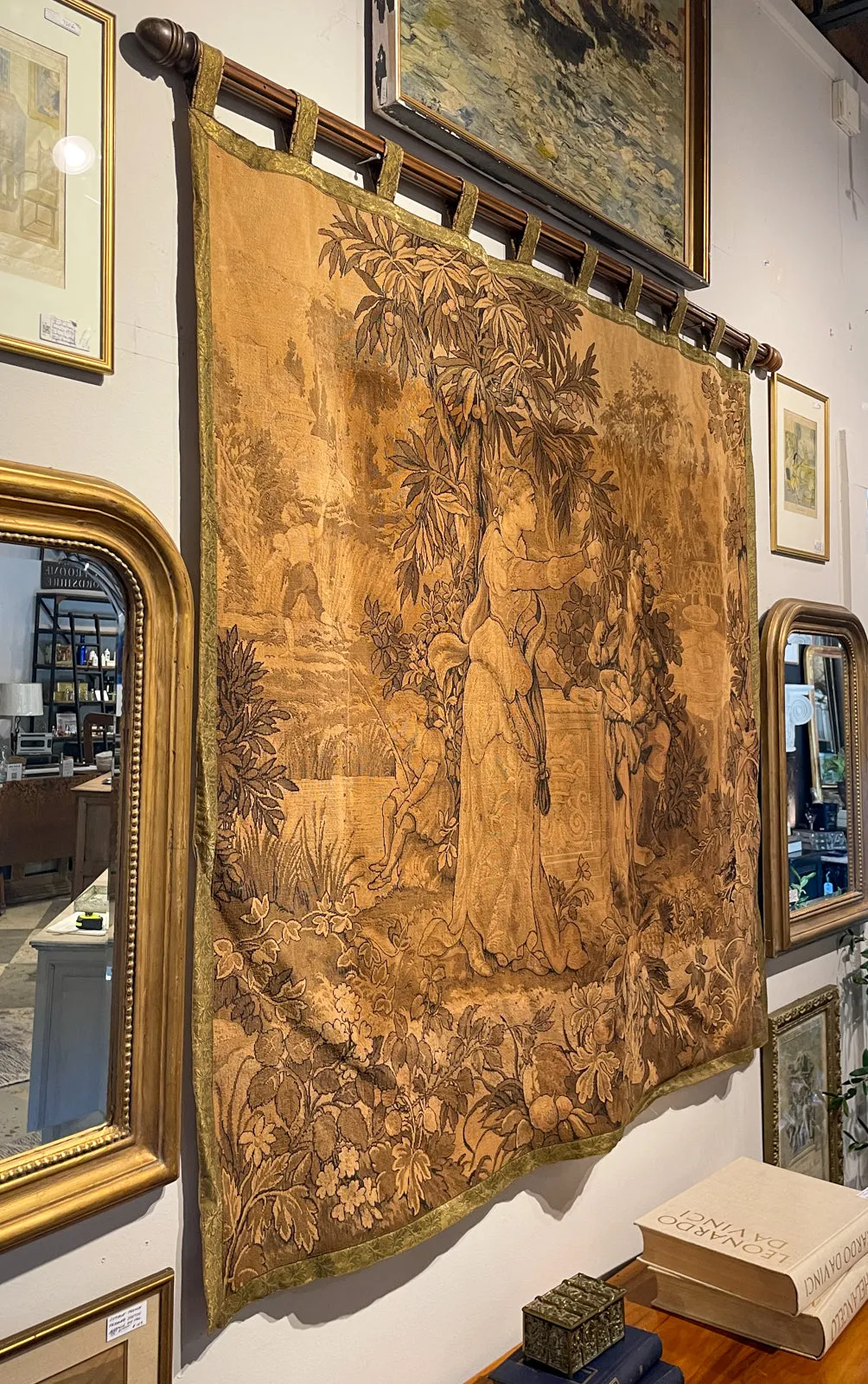 Antique French Tapestry with Gold Binding on Fluted Wood Rod Hanger
