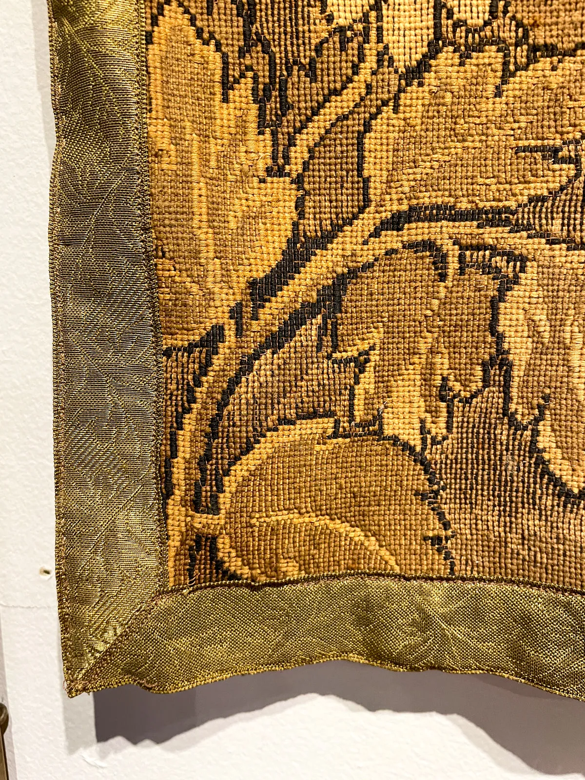 Antique French Tapestry with Gold Binding on Fluted Wood Rod Hanger