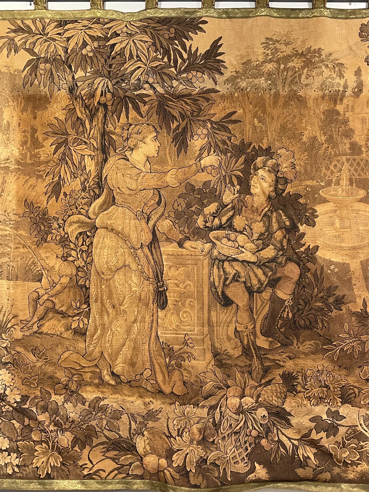 Antique French Tapestry with Gold Binding on Fluted Wood Rod Hanger