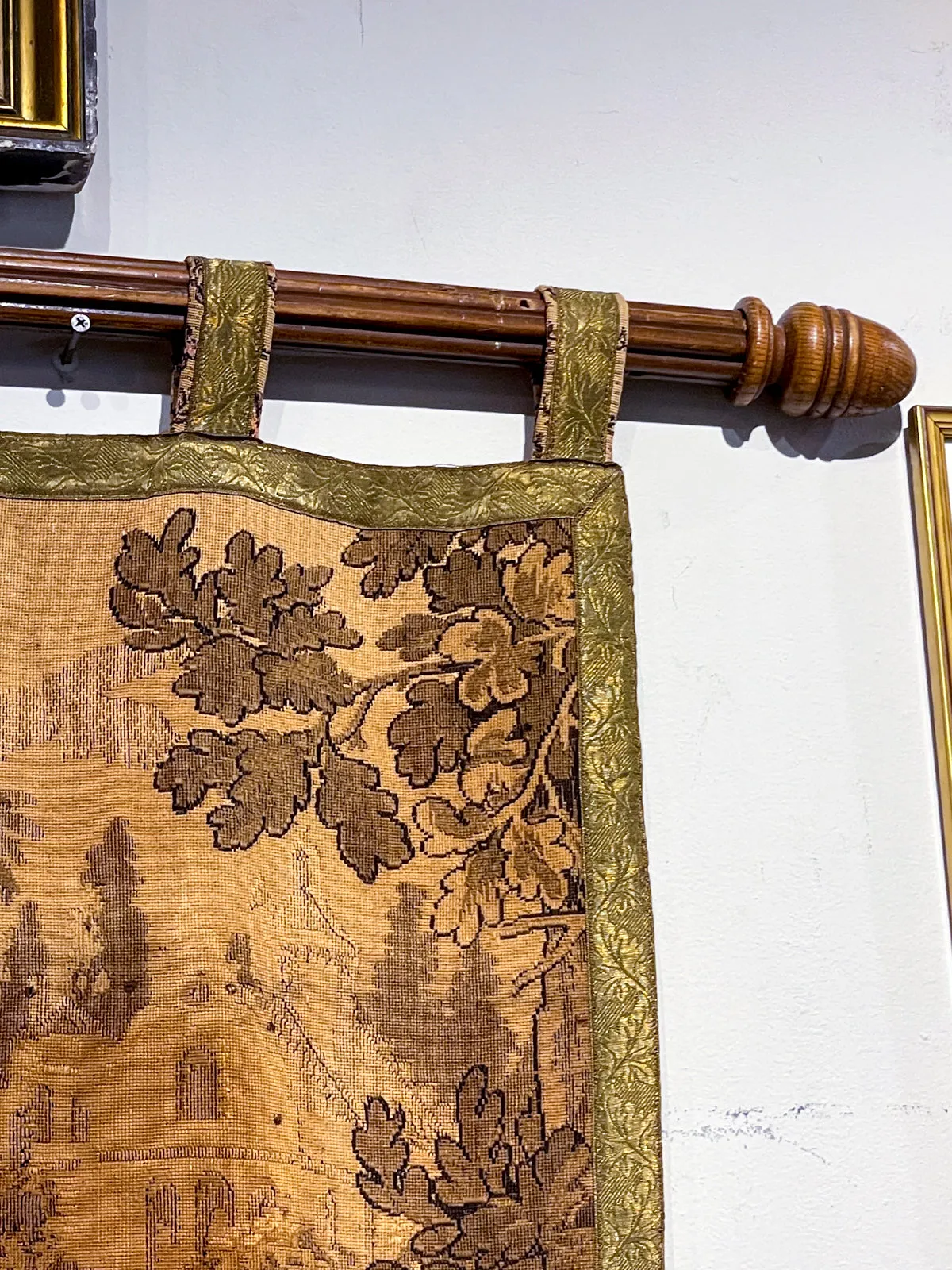 Antique French Tapestry with Gold Binding on Fluted Wood Rod Hanger
