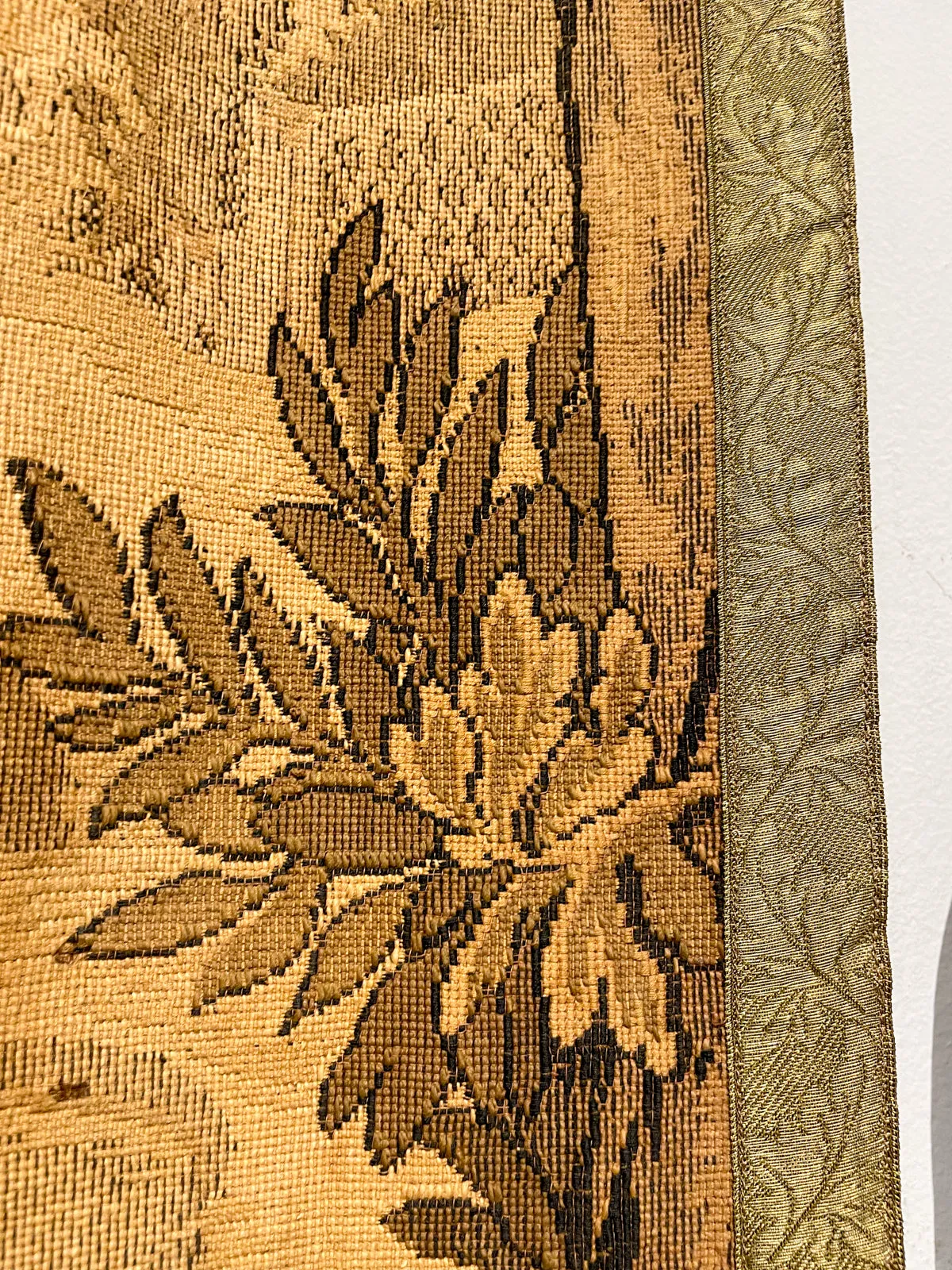 Antique French Tapestry with Gold Binding on Fluted Wood Rod Hanger