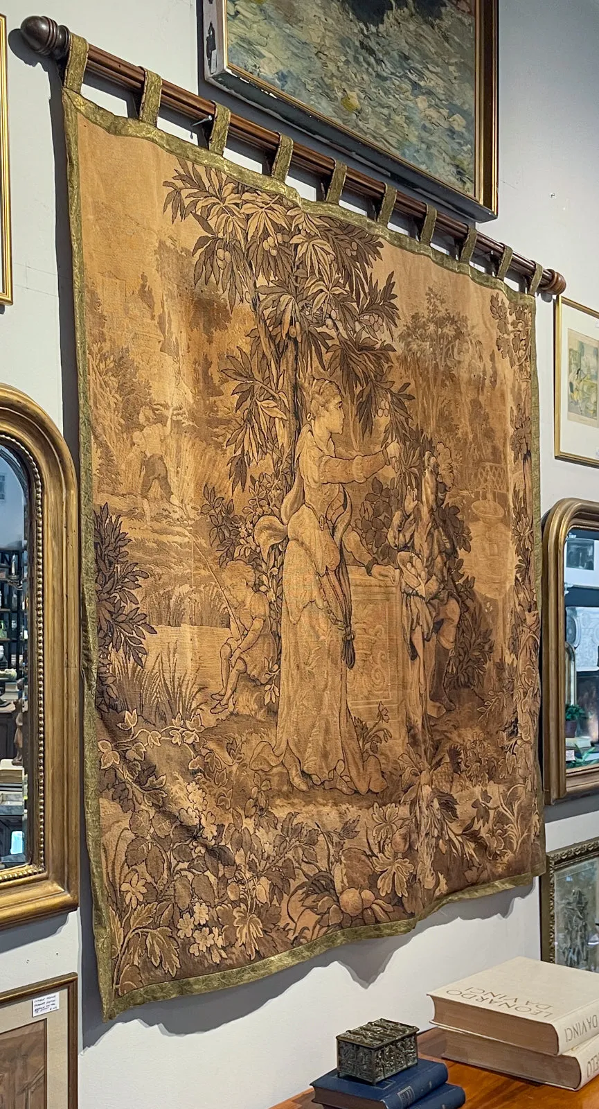 Antique French Tapestry with Gold Binding on Fluted Wood Rod Hanger