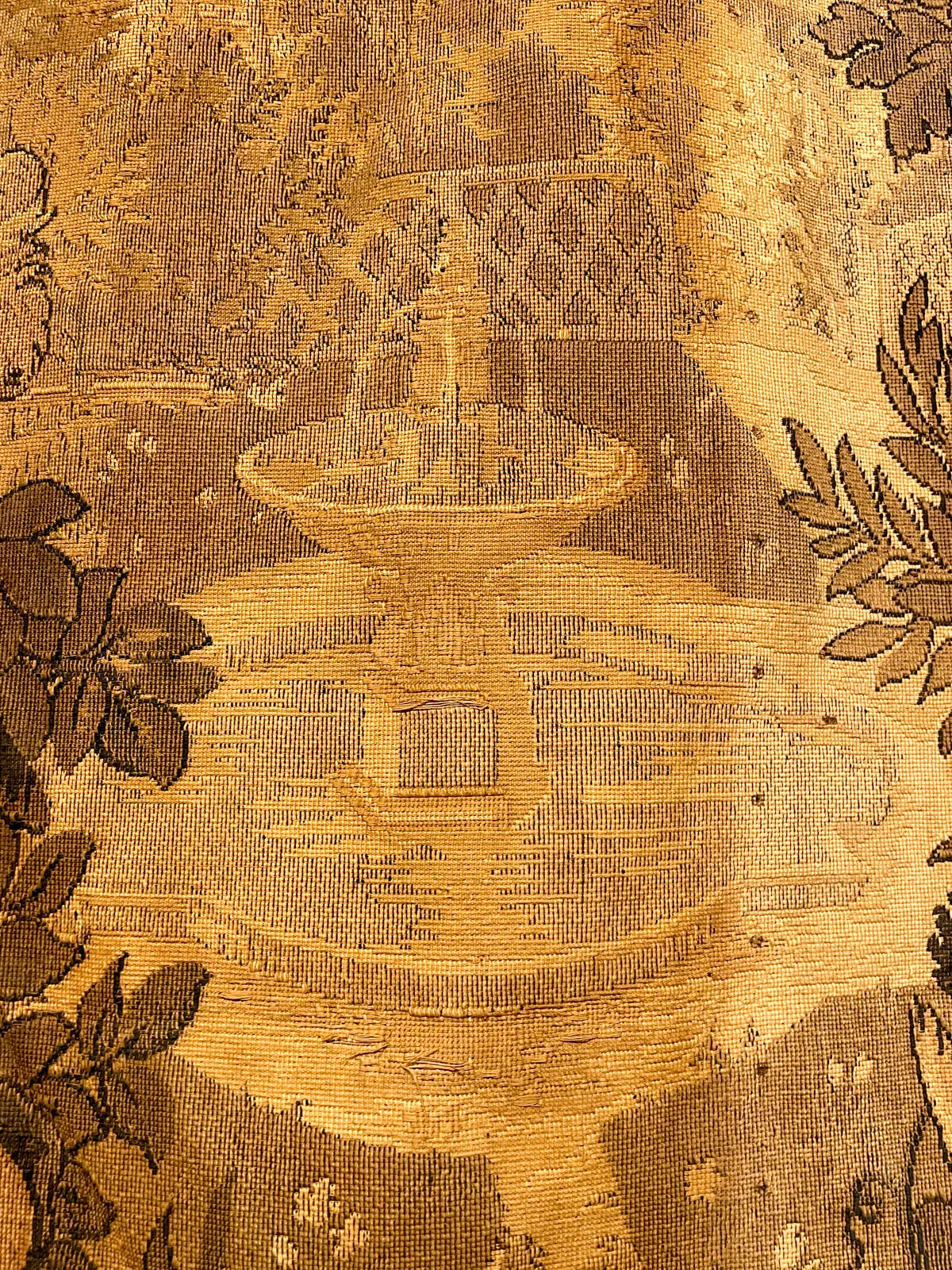 Antique French Tapestry with Gold Binding on Fluted Wood Rod Hanger