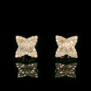 Baguette & Round Diamond Flower Screw Back Earrings 10k Yellow Gold 0.55ctw