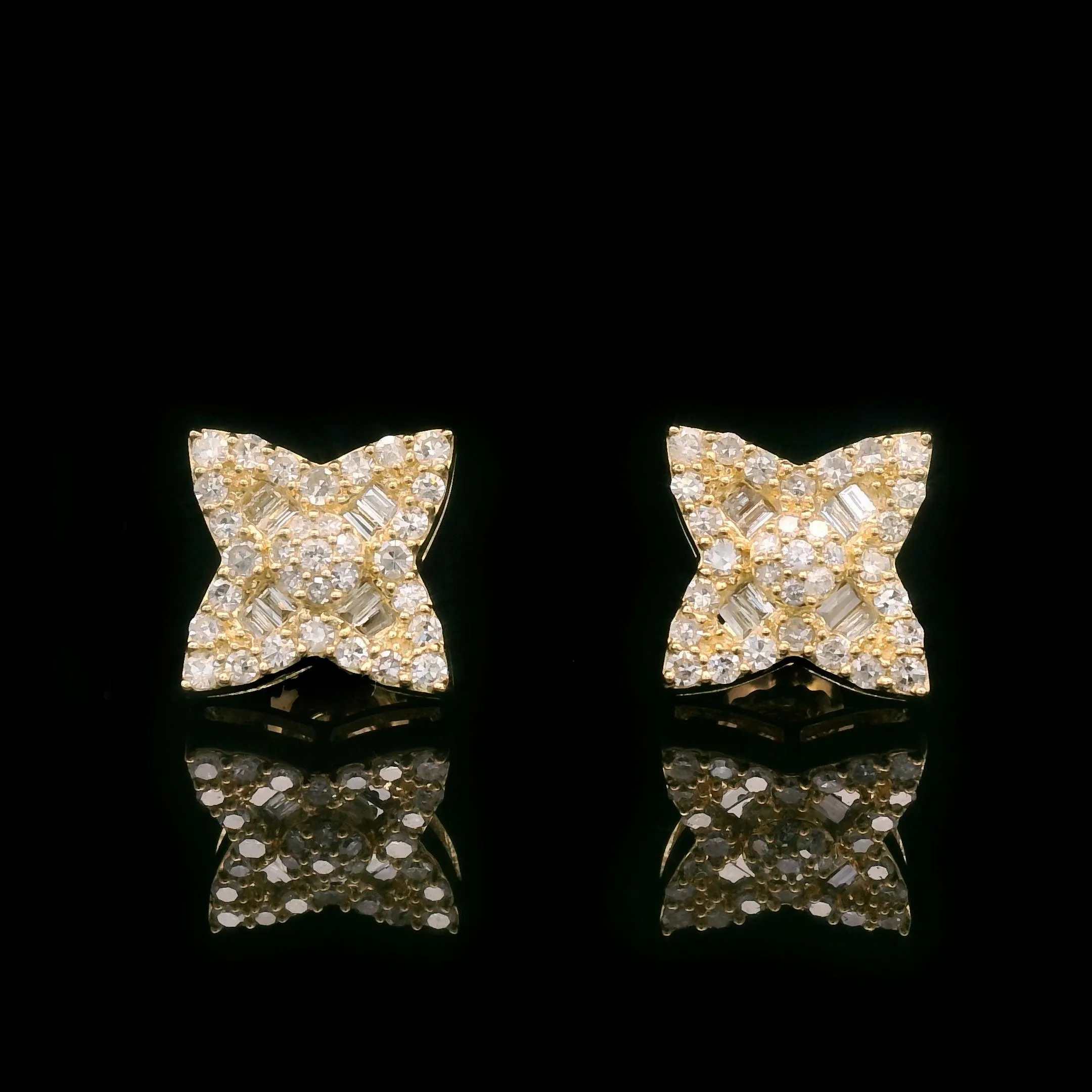 Baguette & Round Diamond Flower Screw Back Earrings 10k Yellow Gold 0.55ctw