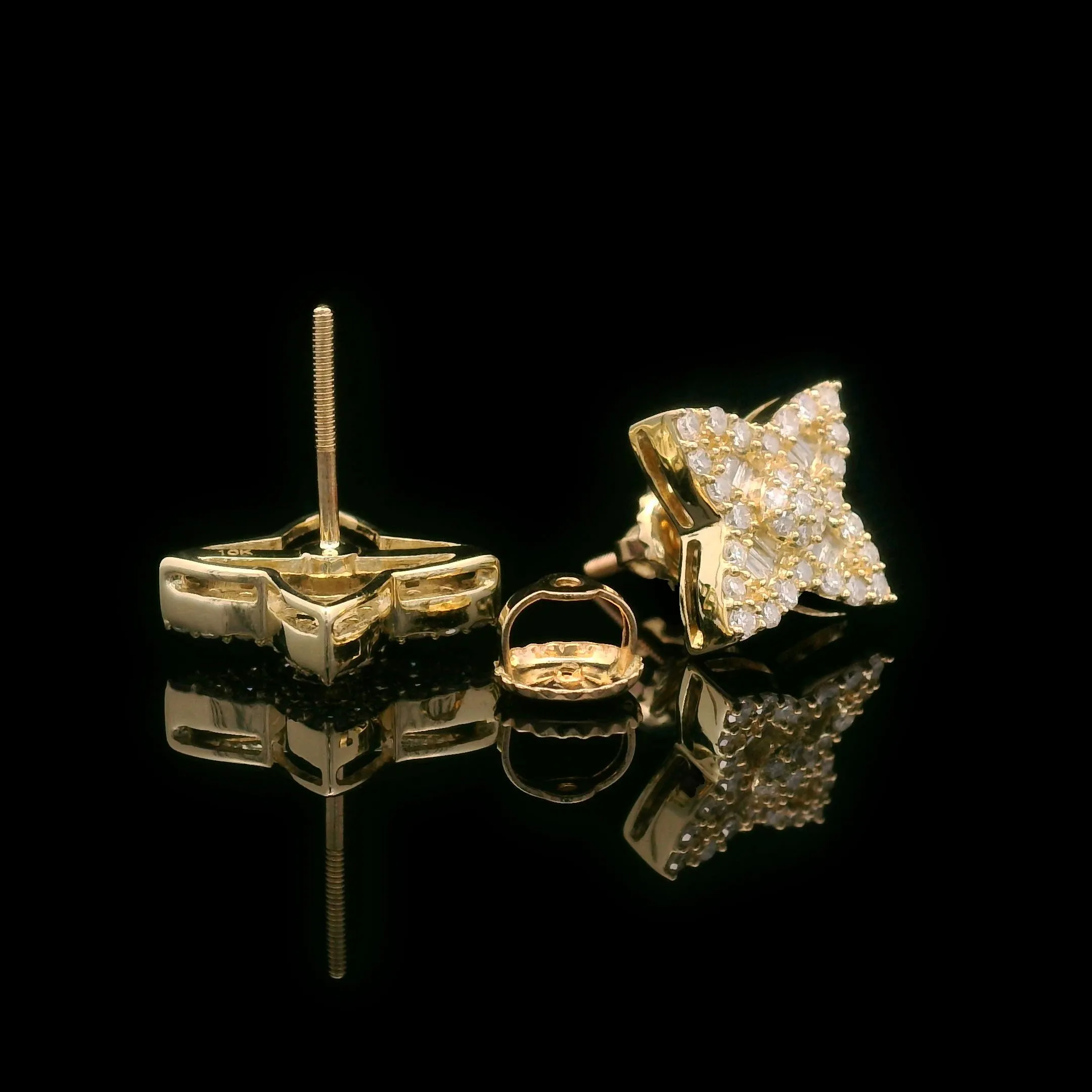 Baguette & Round Diamond Flower Screw Back Earrings 10k Yellow Gold 0.55ctw