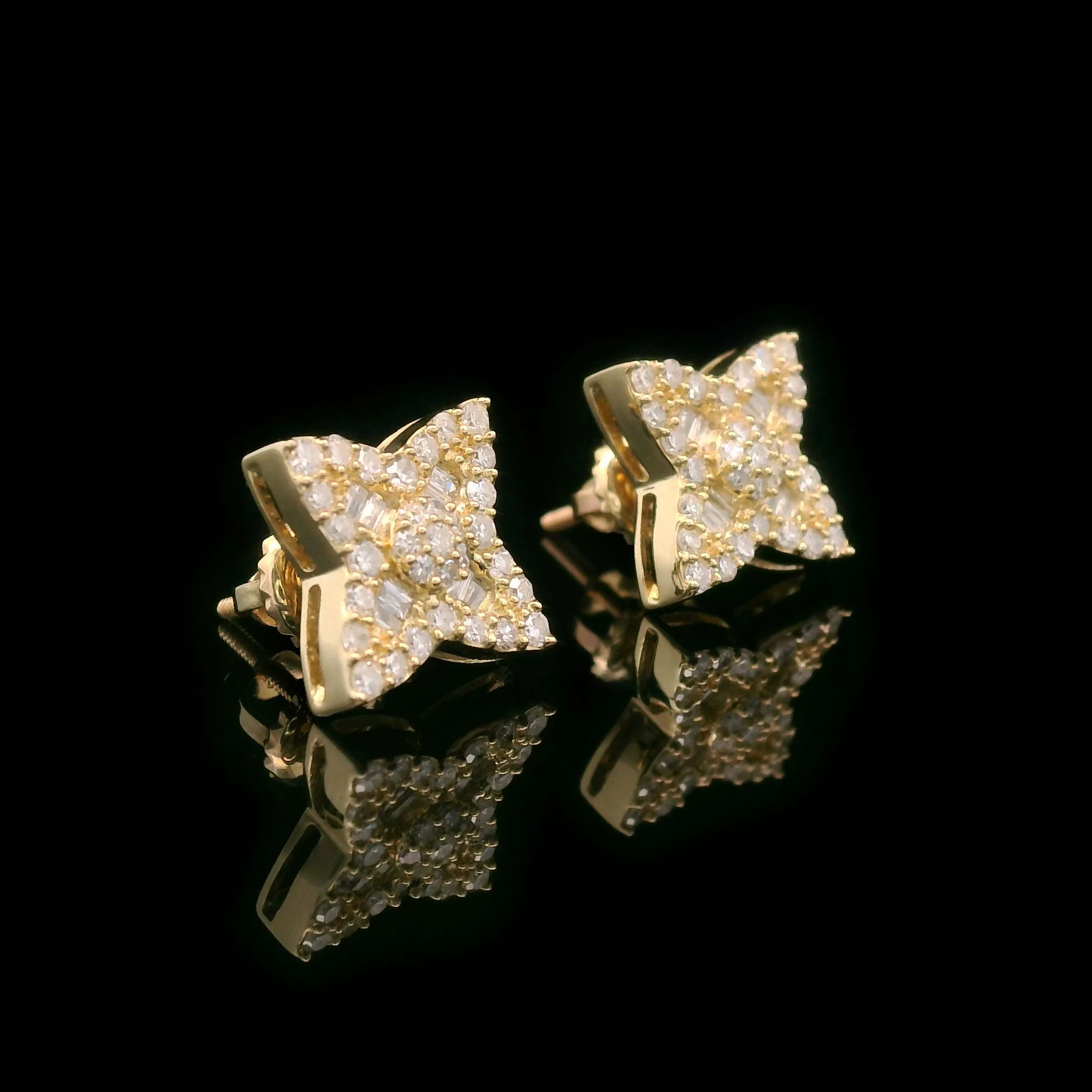Baguette & Round Diamond Flower Screw Back Earrings 10k Yellow Gold 0.55ctw