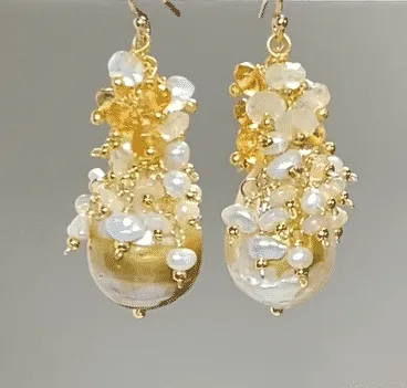 Baroque Gold and White Pearl Cluster Earring with Citrine, Opal, Moonstone 2