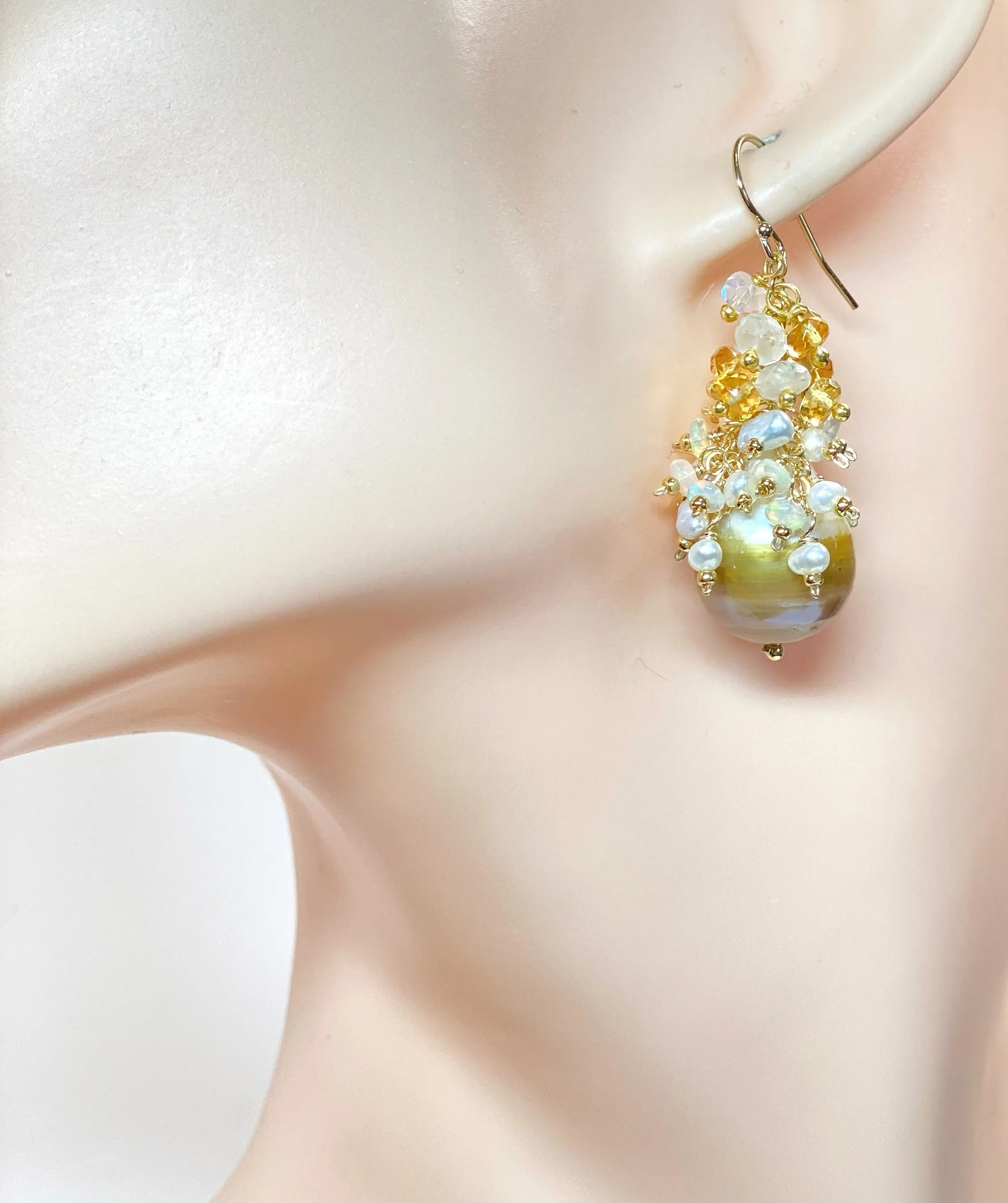 Baroque Gold and White Pearl Cluster Earring with Citrine, Opal, Moonstone 2