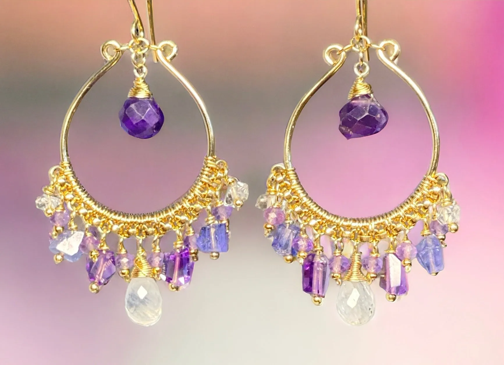 Blue Violet Purple Gold Fill Hoop Chandelier Earrings with Moonstone