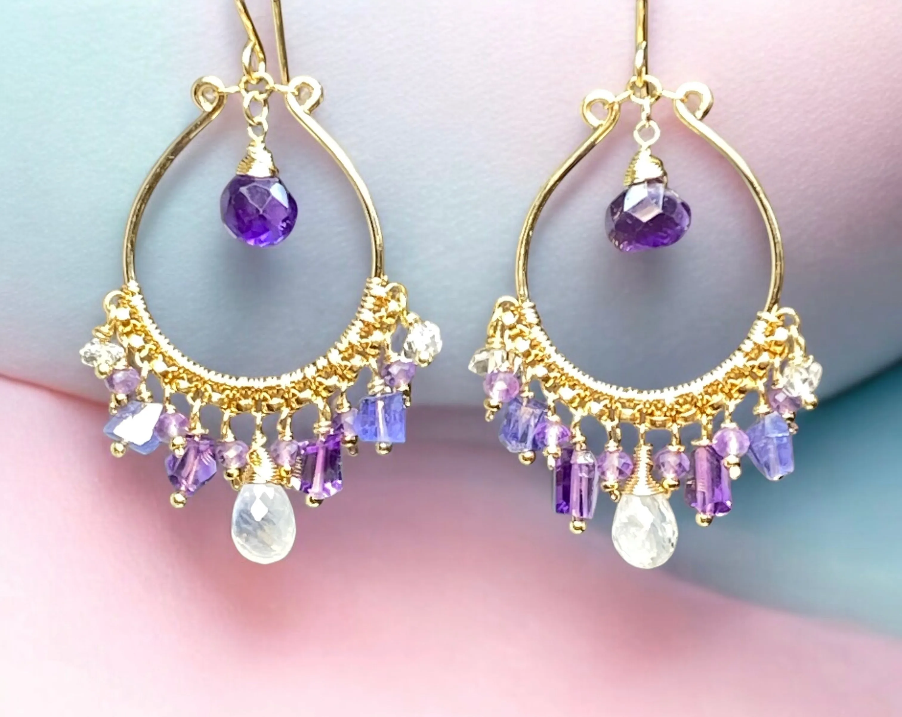 Blue Violet Purple Gold Fill Hoop Chandelier Earrings with Moonstone