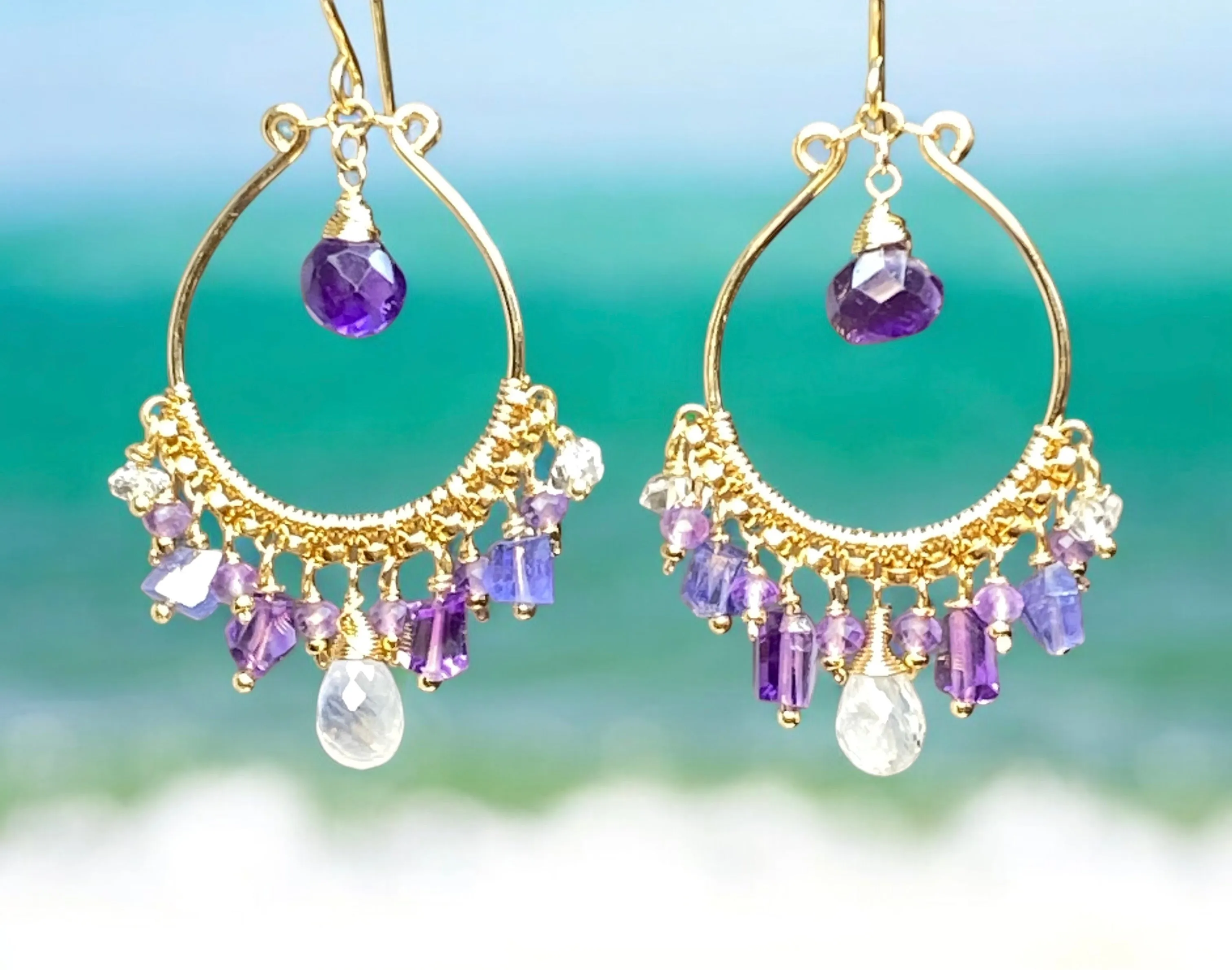 Blue Violet Purple Gold Fill Hoop Chandelier Earrings with Moonstone