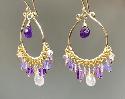 Blue Violet Purple Gold Fill Hoop Chandelier Earrings with Moonstone