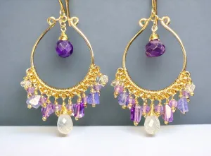 Blue Violet Purple Gold Fill Hoop Chandelier Earrings with Moonstone