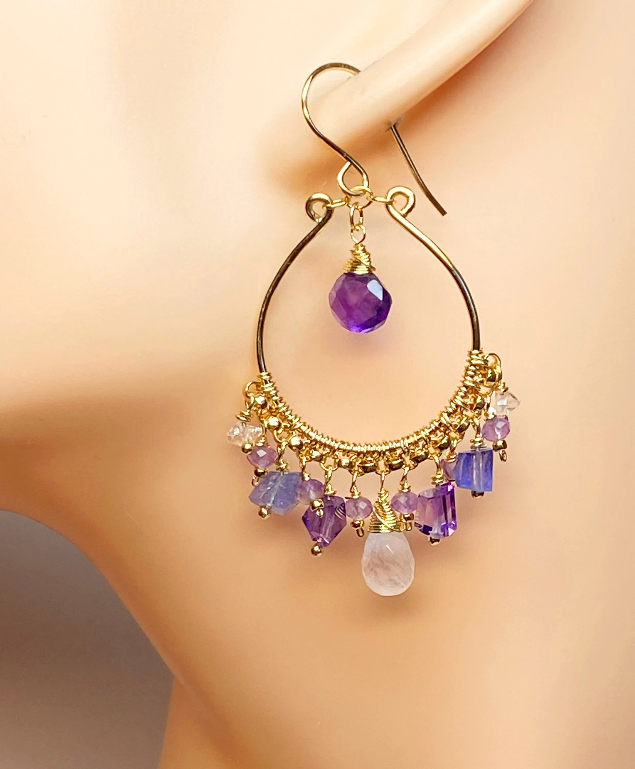 Blue Violet Purple Gold Fill Hoop Chandelier Earrings with Moonstone