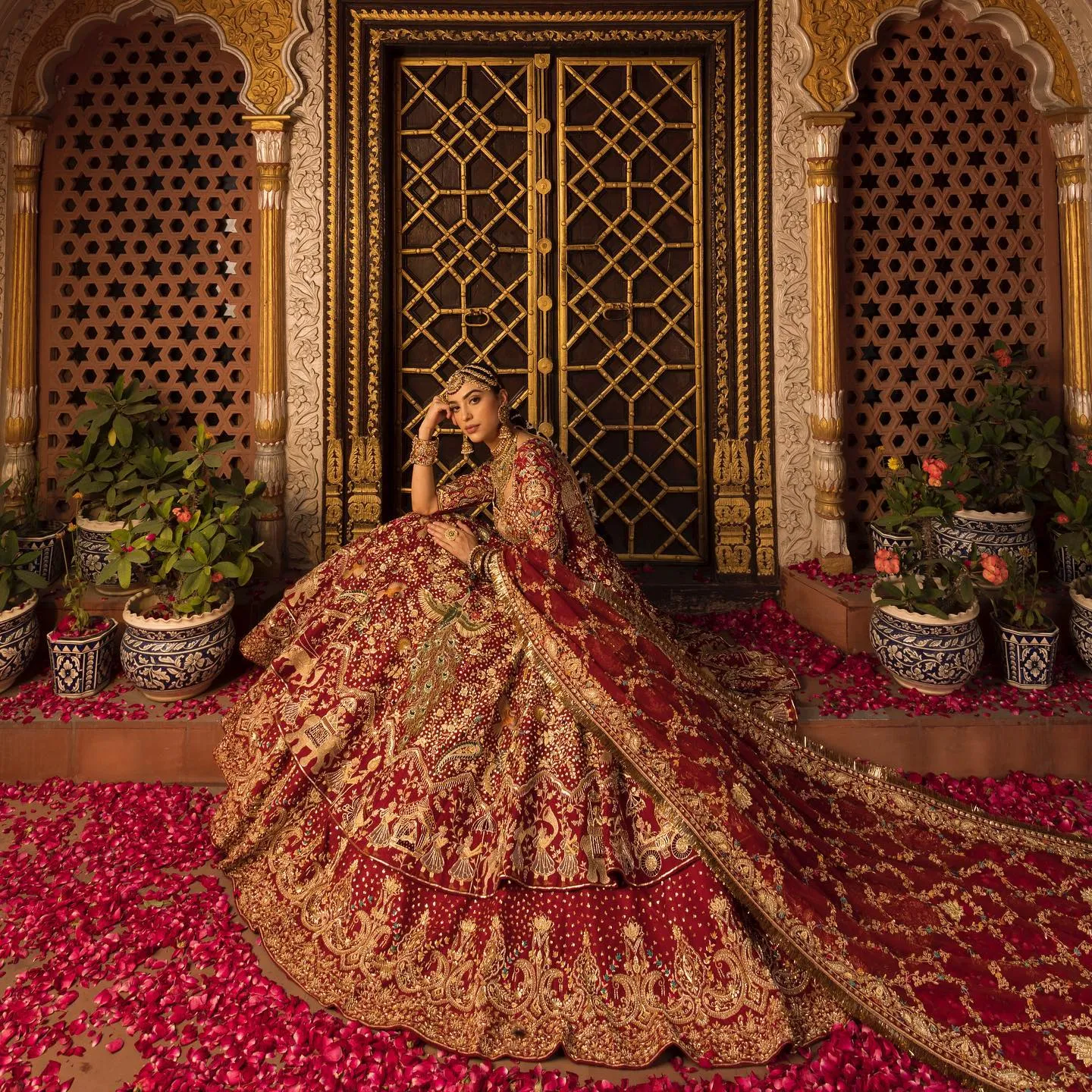Bridal Wedding Dress in Red Lehenga and Frock Style