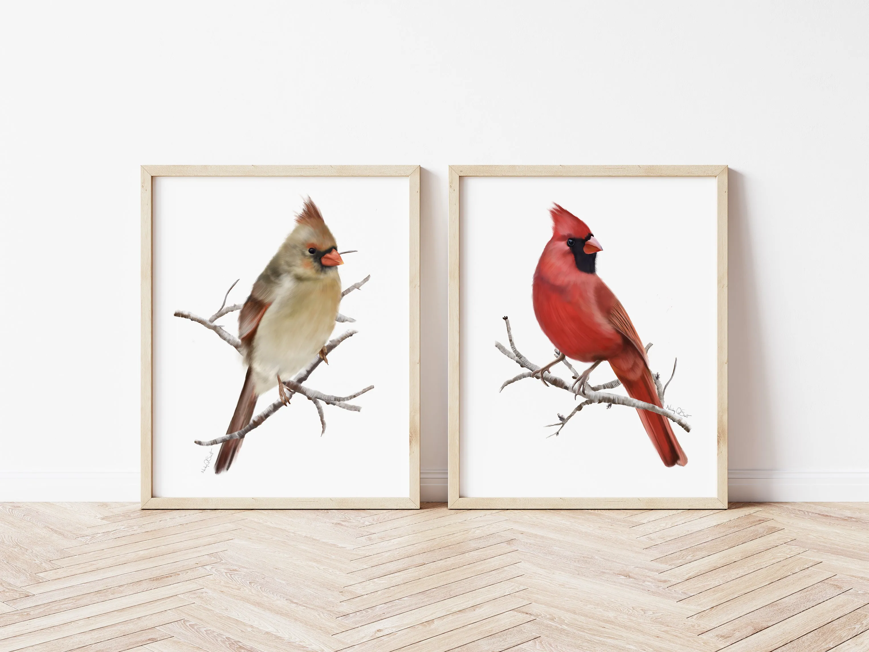 Cardinal Bird Art Prints - Set of 2