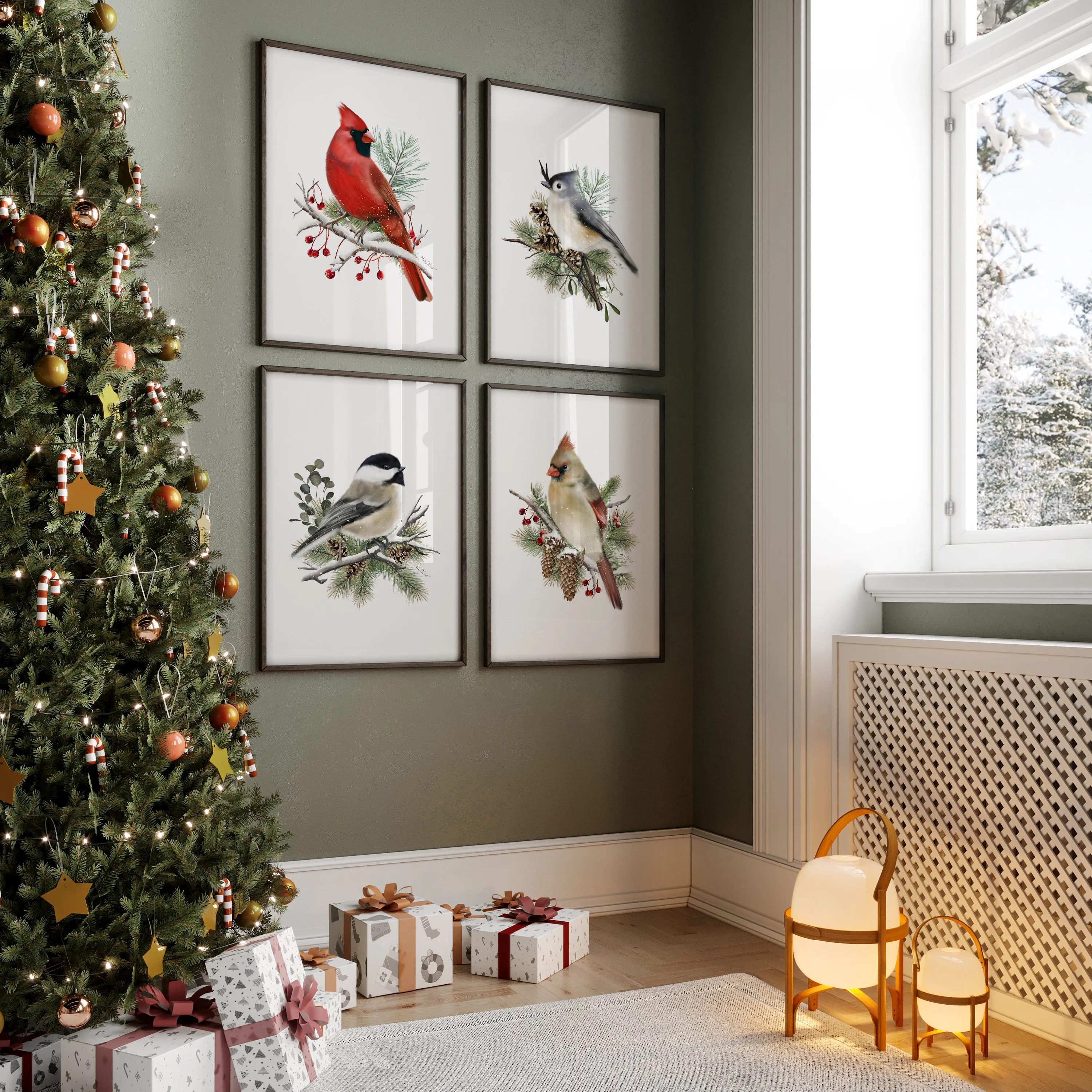 Christmas Bird Art Prints - Set of 4