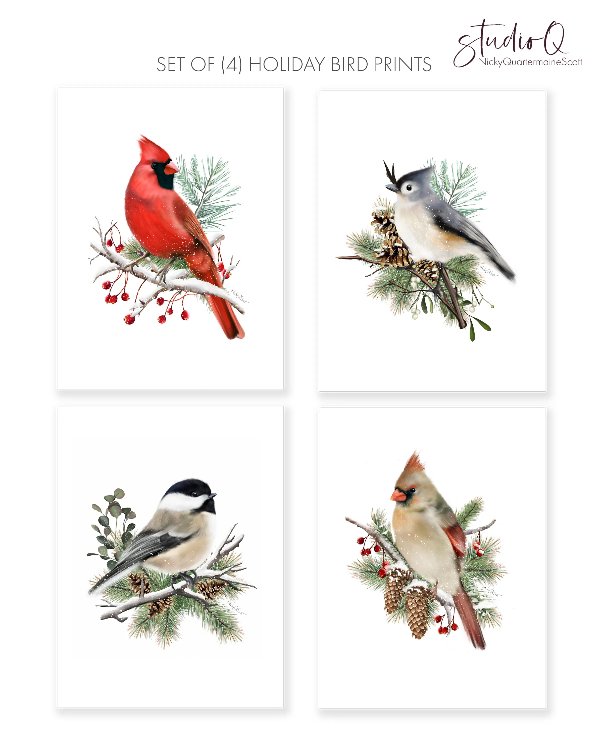 Christmas Bird Art Prints - Set of 4